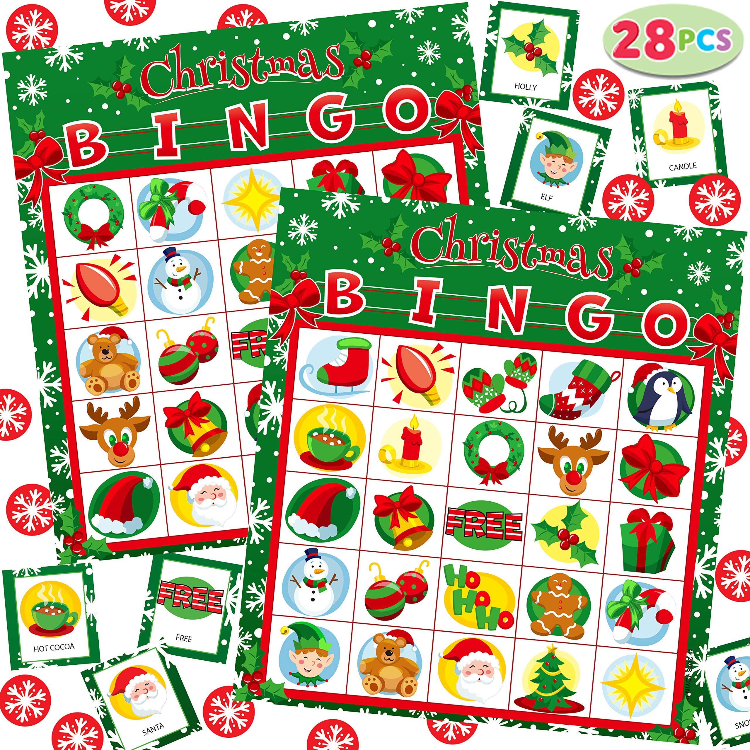 JOYIN 28 Players Christmas Bingo Cards (5x5) for Kids Xmas Party Supplies Goodies Games, Kids School Classroom Goody Gift Filler Stuffers, Indoor
