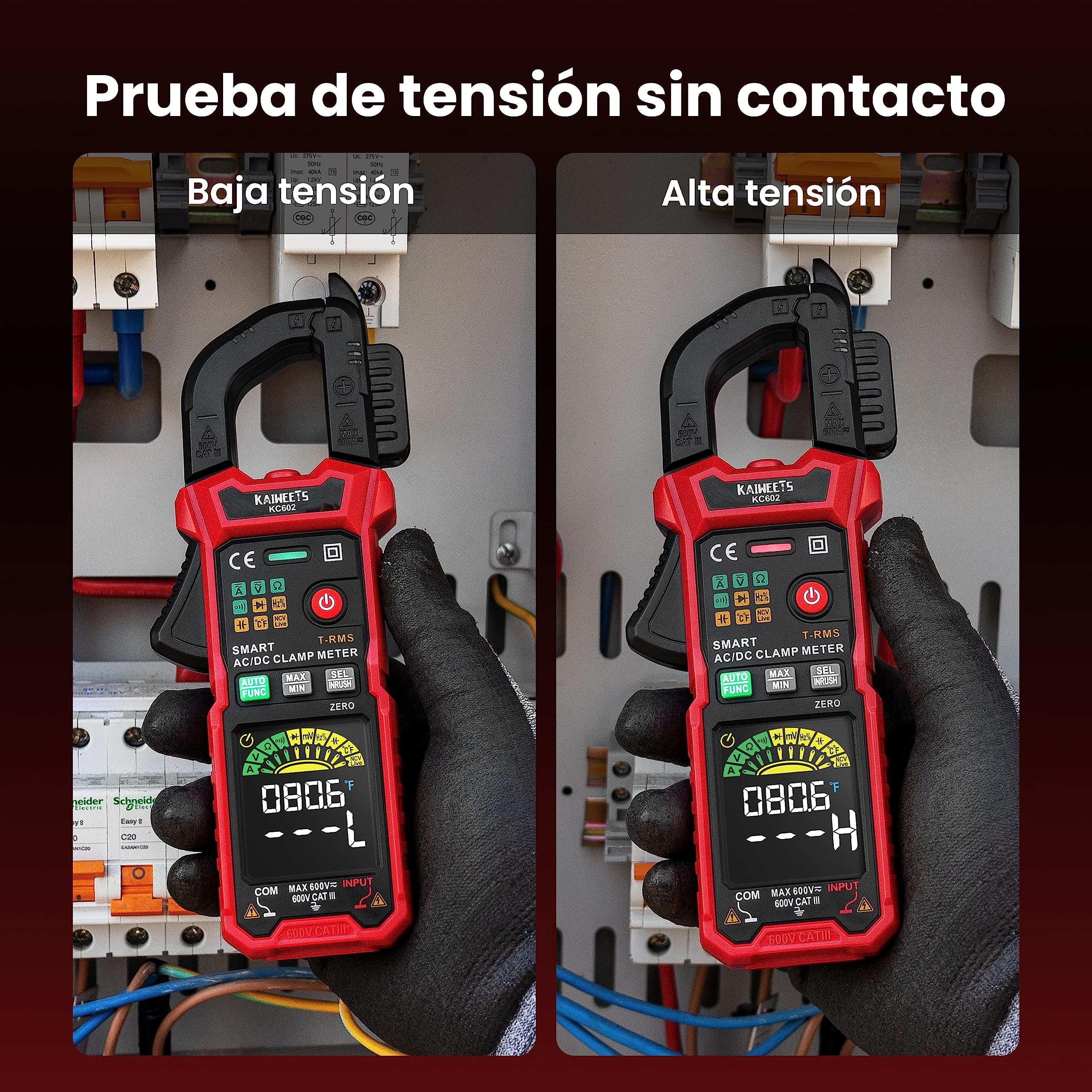 KAIWEETS Digital Pinza Amperimétrica Inteligente,Pinza de corriente profesional, Medición de corriente AC/DC tensión temperatura NCV Inrush, KC602
