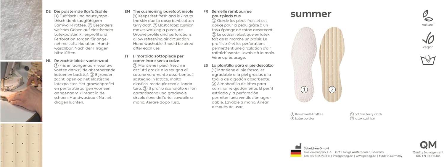Pedag Summer, Pure Terry Cotton Insoles, Handmade in Germany, Absorbs Sweat & Controls Odor, Ideal for Wear Without Socks, Washable