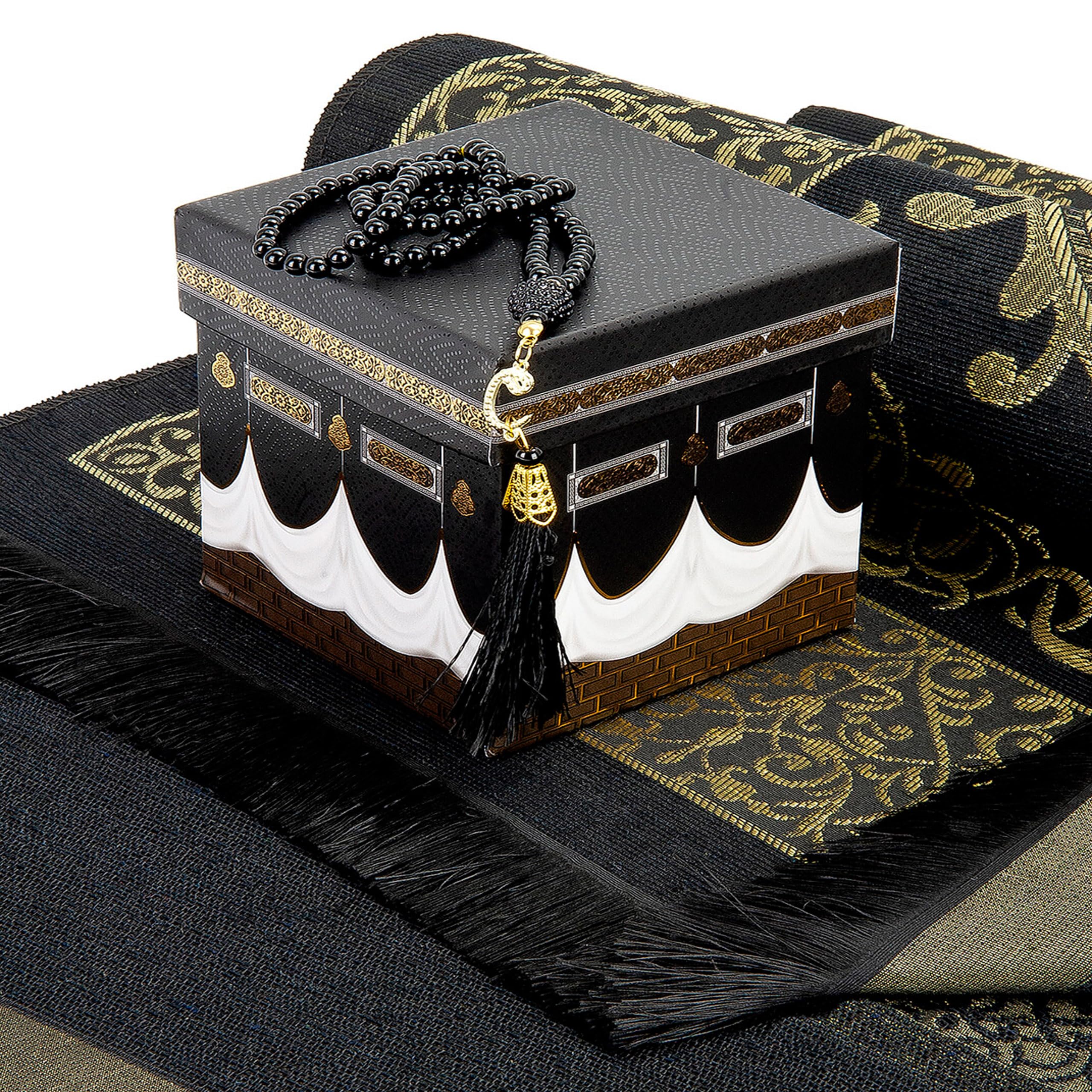 CARPETIA Ensemble de tapis de prière doré avec boîte cadeau carrée et cadeau islamique Tesbih 99 pour homme et femme pliable facile d'entretien pour voyage, mosquée maison 65 x 110 cm