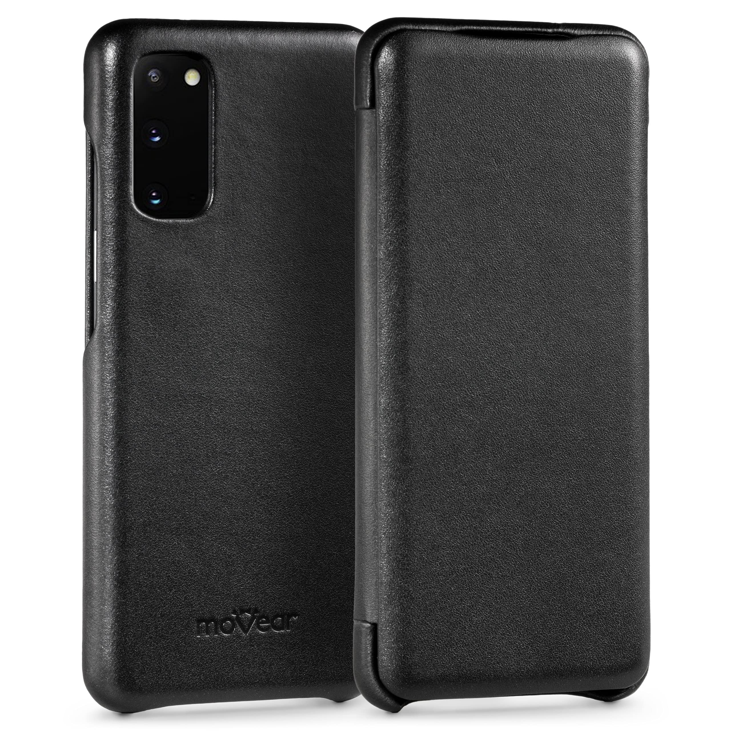 moVear FlipSide S skórzane klasyczne etui na telefon, kompatibilne z Galaxy S20+ [6,7"], z magnesem zamykającym klapkę, Gładka czerń, eleganckie i stylowe, ręczne wykonanie