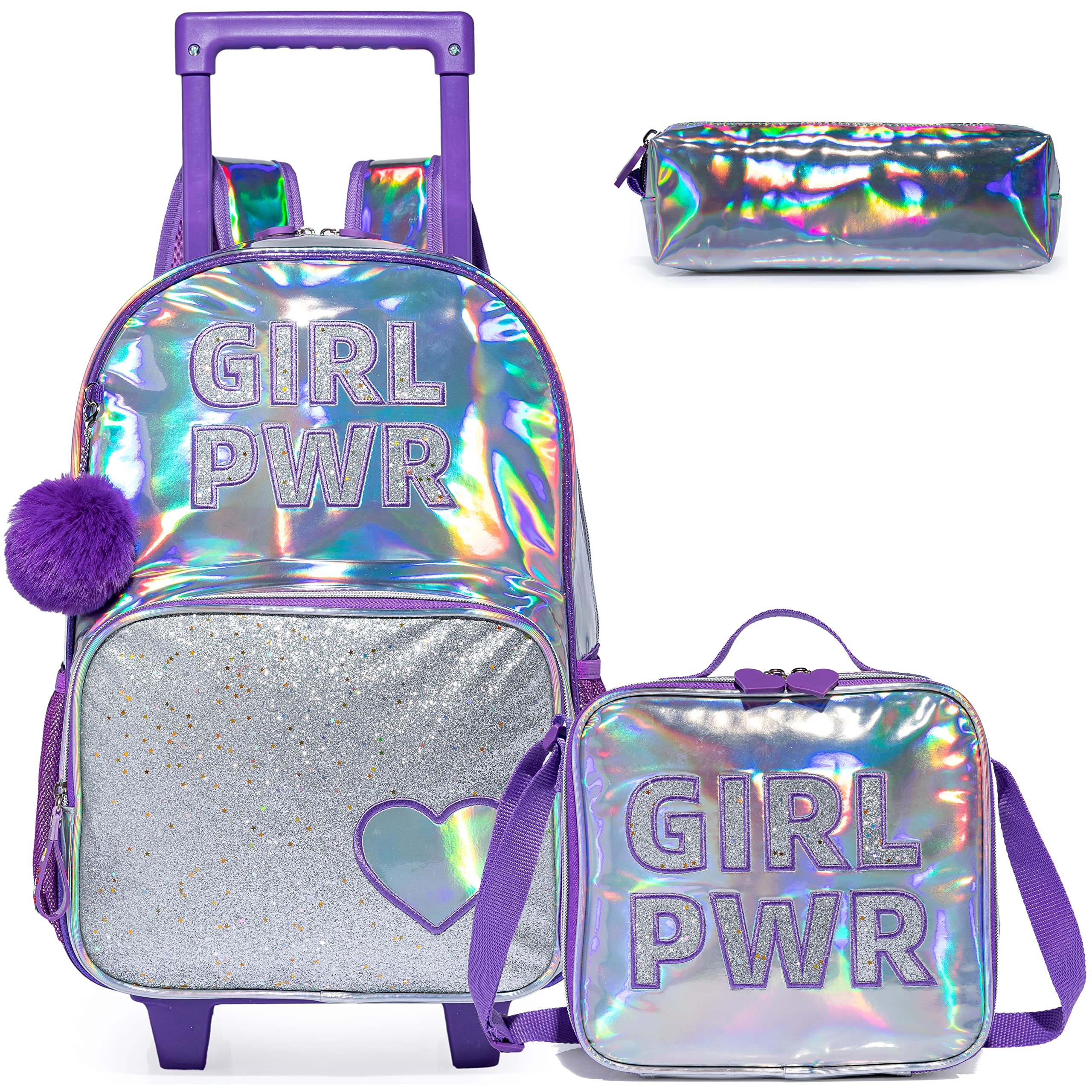 Egchescebo Kids Love Rolling Roller Backpack for Girls 3Pcs Childrens Suitcases Luggage Lunch Box with Wheels School Bags 16“ Wheeled Backpack Purple