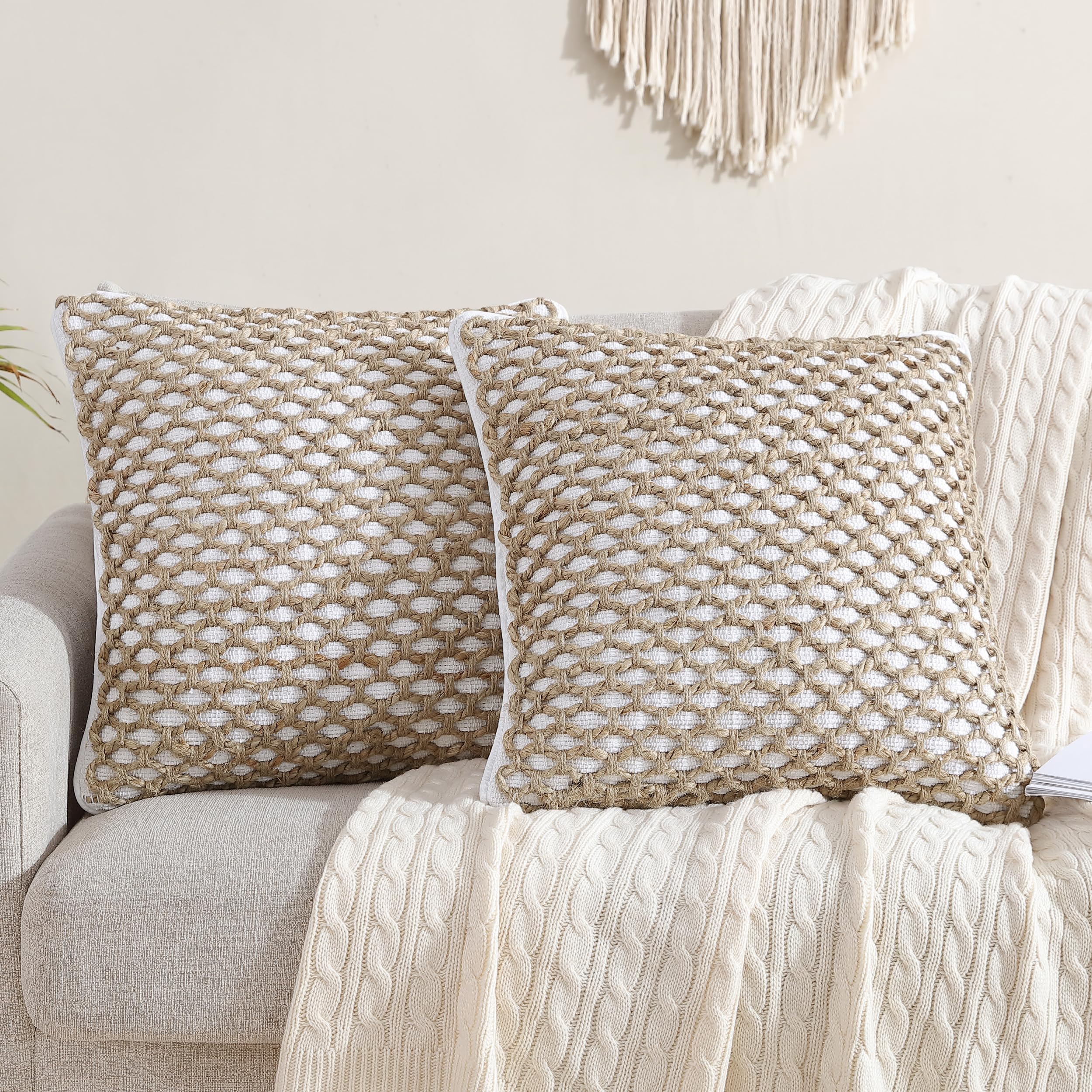 Boho Living Jada 2 Pc Decorative Throw Pillow Covers, Pillow Insert not Included, Premium Woven Design, Living Room Décor, (2) 20" x 20", White