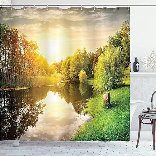 Miniatura 150 de Ambesonne Cortina de ducha hawaiana, diseño de hibisco hawaiano tropical, silueta de niña, tabla de surf, impresión de arte retro, juego de Fucsia