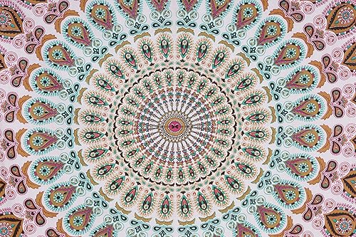 Miniatura 3 de Bless International Tapiz hippie indio bohemio psicodélico dorado mandala de pavo real azul dorado para colgar en la pared (dorado floral, mediano