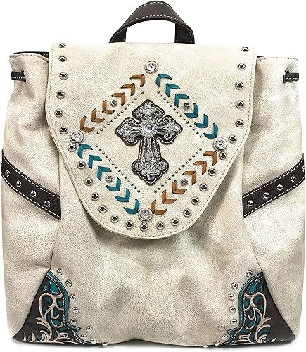 Justin West Moda Western Cross Rhinestone Cuero Ocultar Llevar Asa Superior Bolso Mochila Cuadrada, Mochila Turquesa Beige, Cordón
