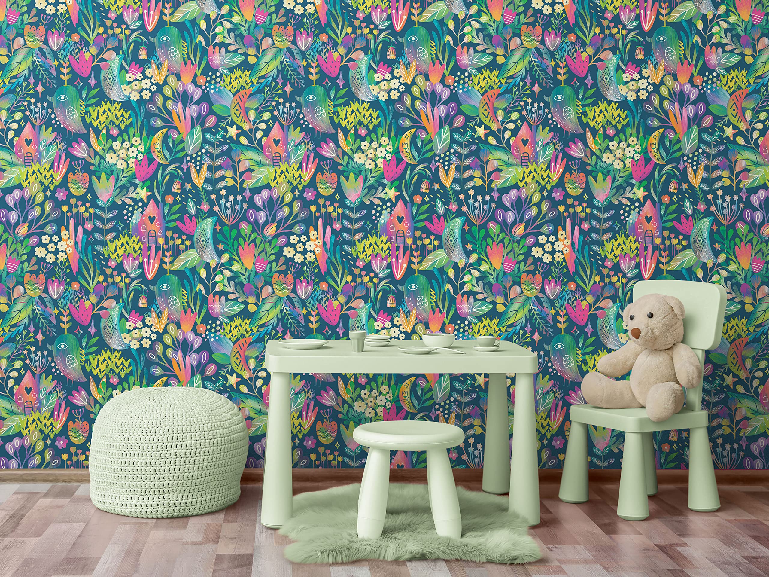 Colorful Flower Garden with Bird House Illustration Wall Mural. Lime Green Pattern Nursery, Bedroom, Kid’s Room Wall Decor. Peel and Stick Wallpaper. #6444 (9ft Tall X 16ft Wide)