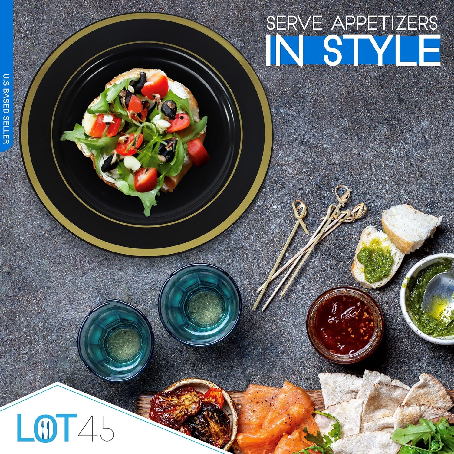 Lot45 Black and Gold Disposable Plates, 100pk - 7.5 Inch Round Plastic Plates with Gold Trim - Elegant Dessert Plates for Weddings, Parties