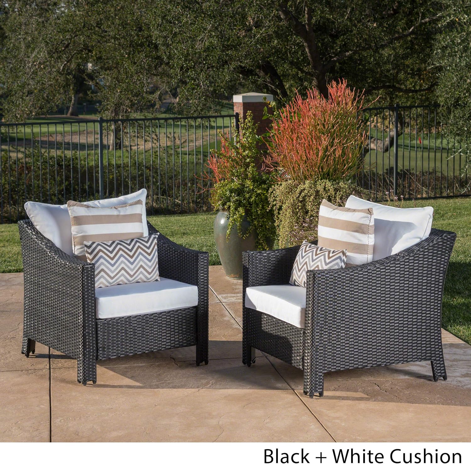 Great Deal Furniture GDFStudio Outdoor Black Wicker Club Chairs with White Water Resistant Cushions (Set of 2)