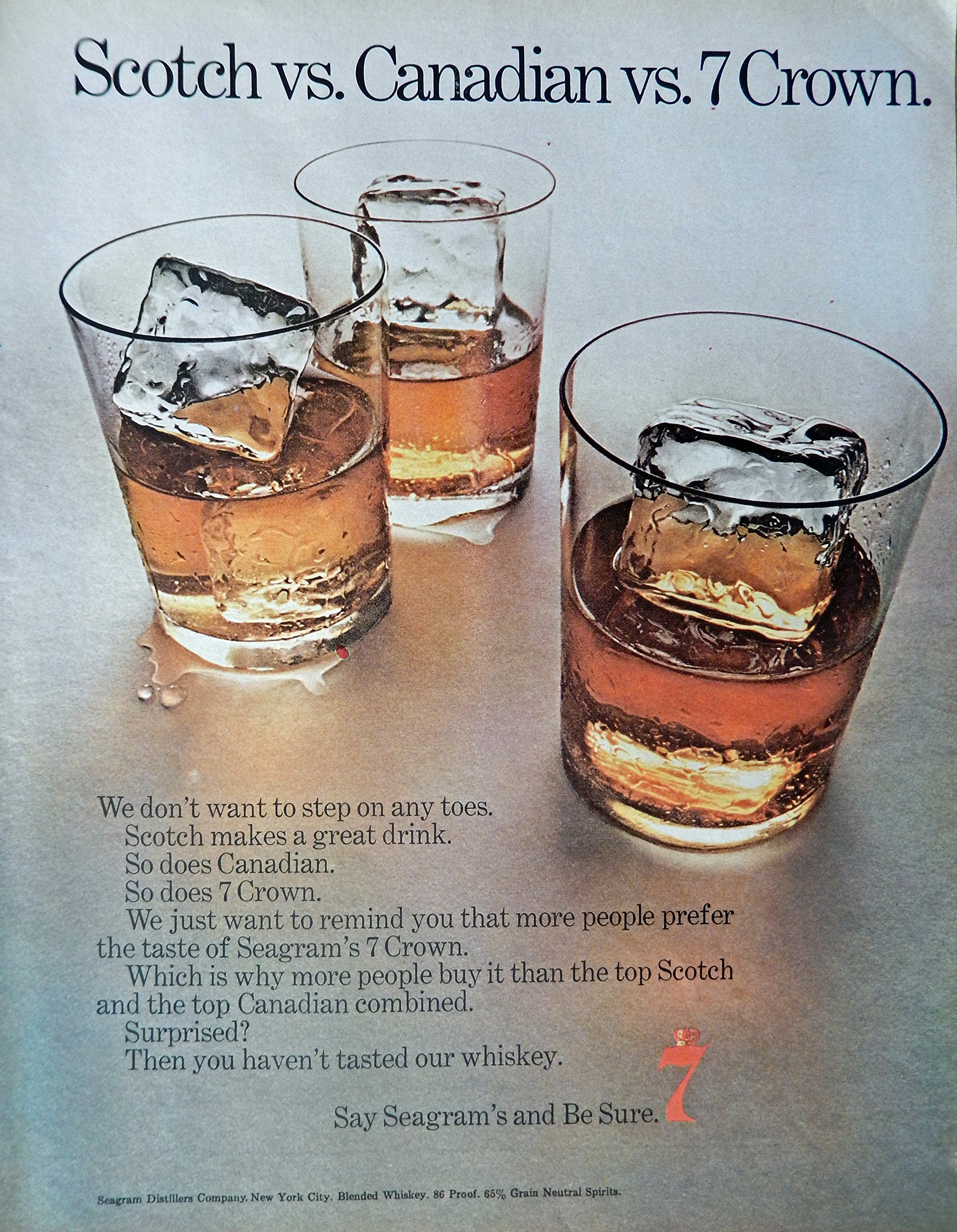 Buy Seagram's Seven Crown Whiskey, 60's Print ad. Full Page Color Illustration (scotch vs