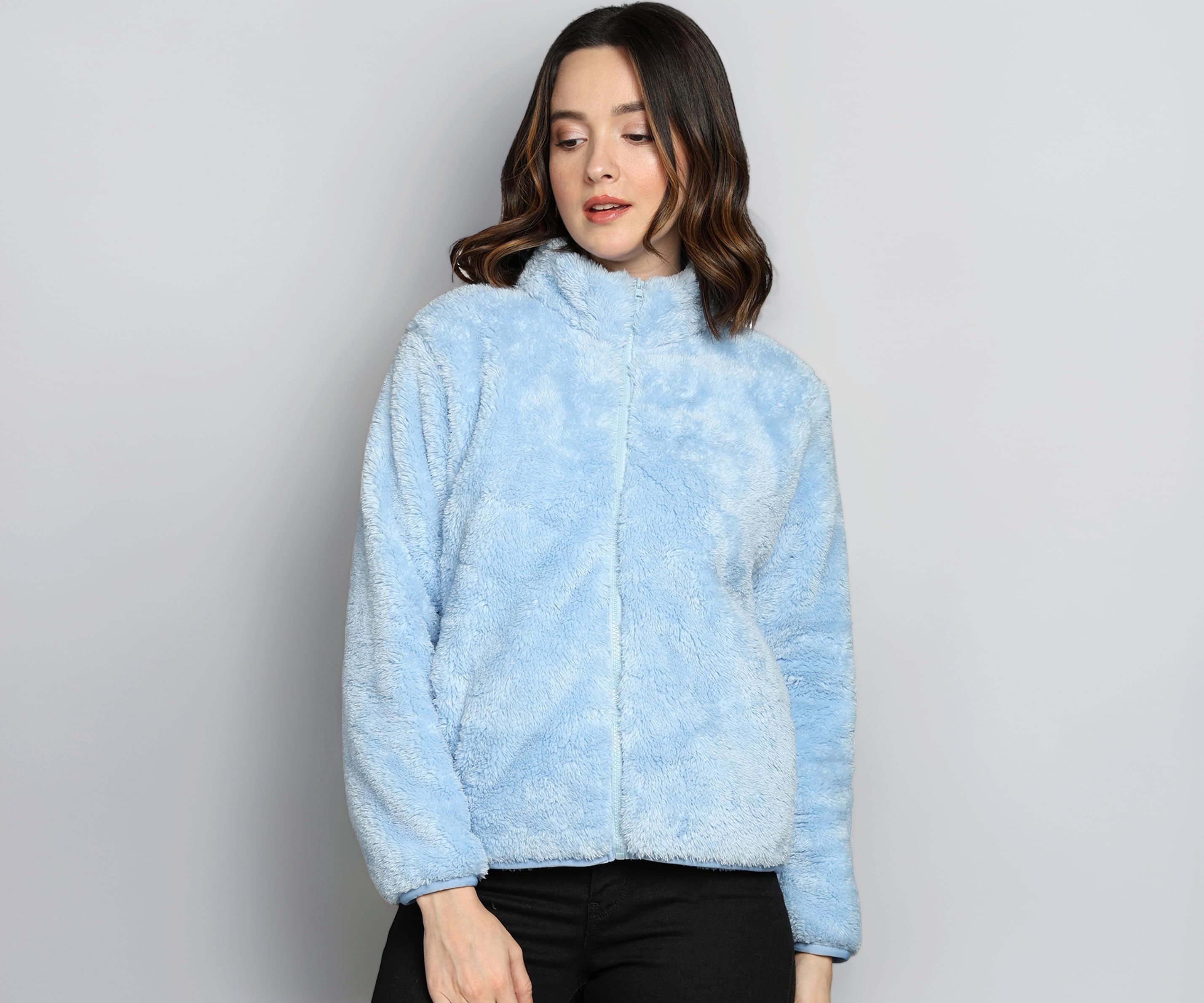 Women’s Fluffy Yarn Fleece Full-Zip Jacket | Soft Lightweight Warm Outerwear with Stand Collar & Piping at Hem & Cuffs