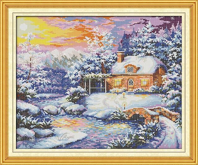 Joy Sunday Full Range of Embroidery Starter Kits Stamped Cross Stitch Kits Beginners for DIY Embroidery 11CT 3 Strands-Winter at The Creekside Cottage 61cmX51cm