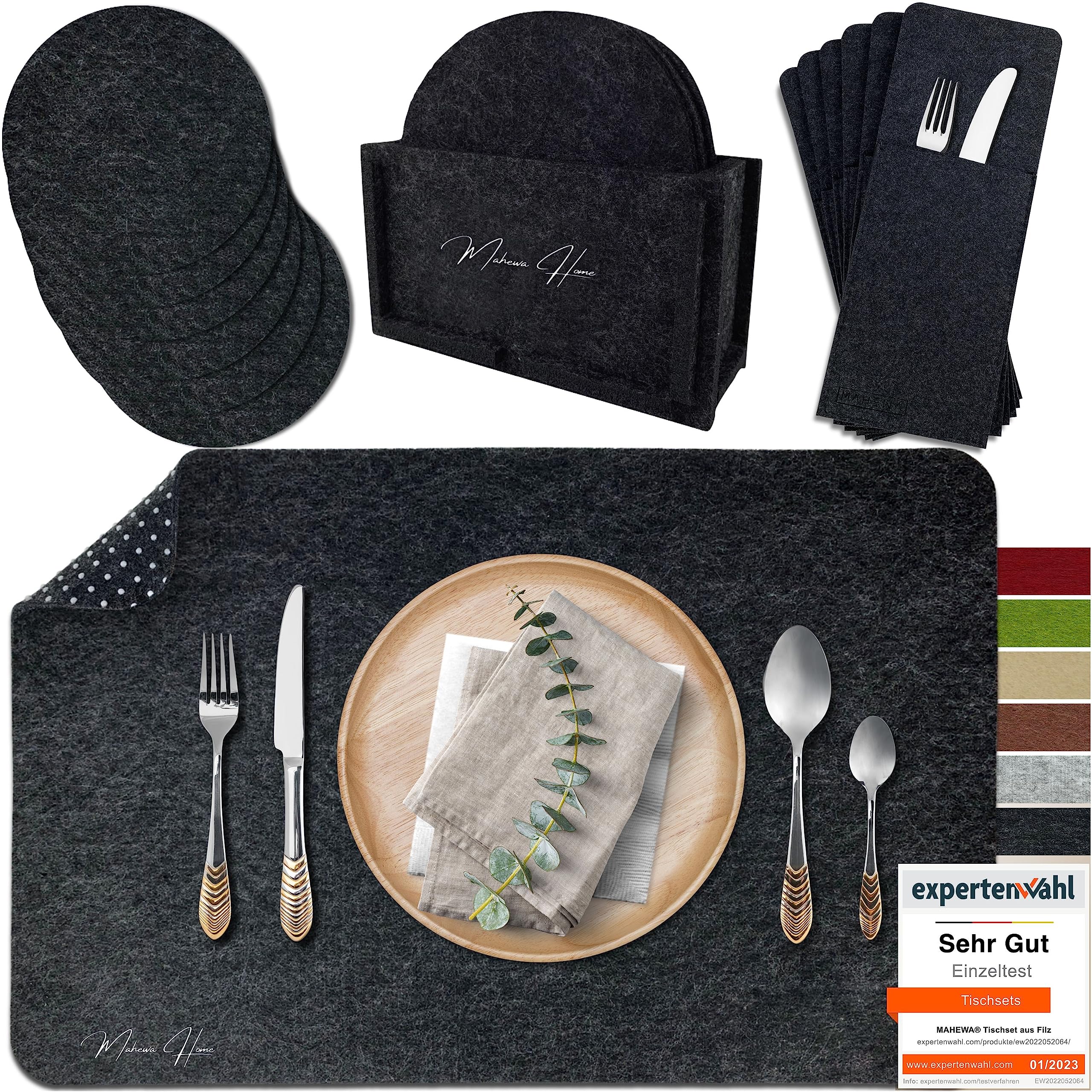 MAHEWA® 6er Set Premium Filz Tischset Platzset mit 6X Glasuntersetzer 1x Halter und 6X Bestecktaschen rutschfest Ab-waschbar