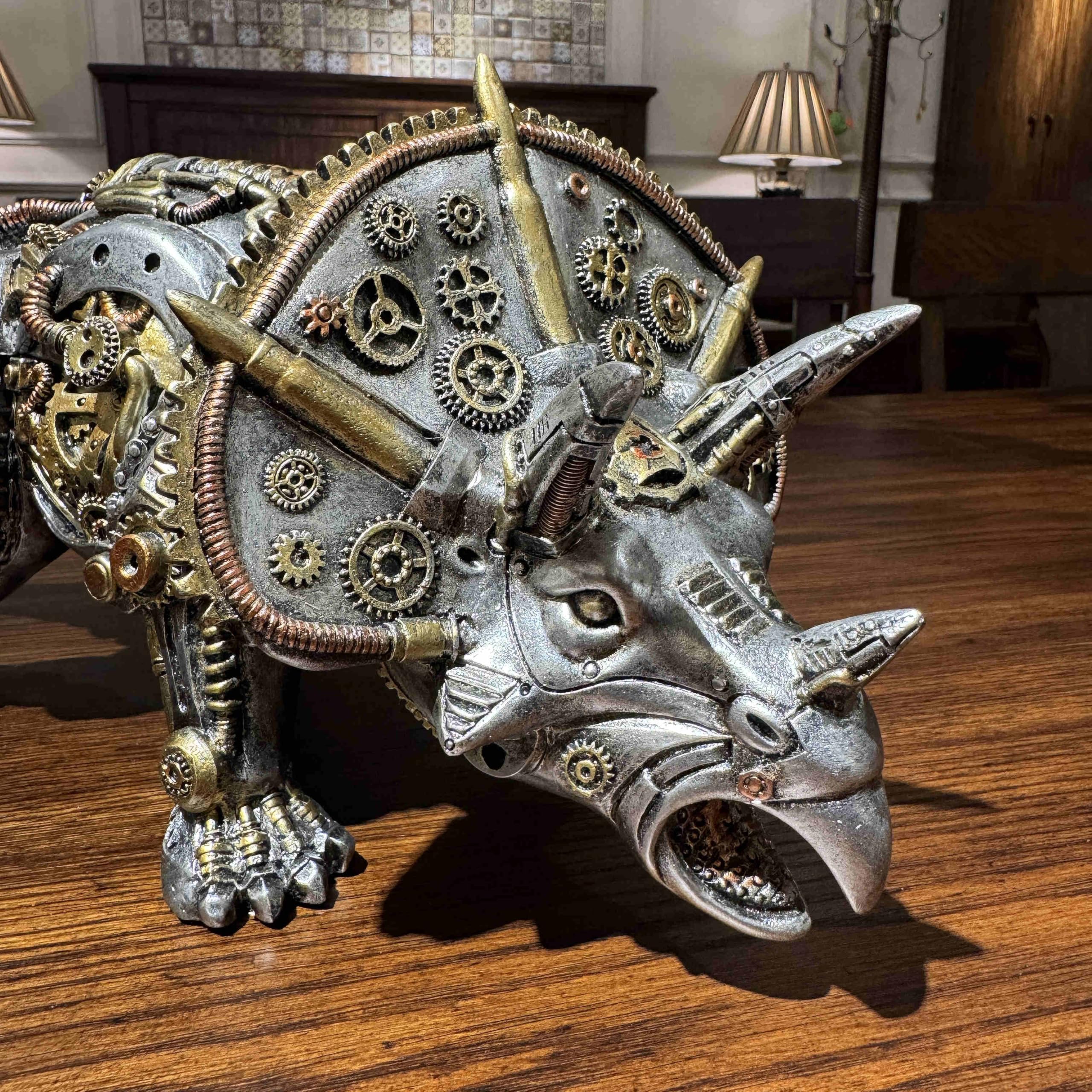 OUTOUR Steampunk Triceratops statuetka dinozaura, 38 cm, długa figurka z żywicy, dekoracja biurka, rzeźba, zwierzę, kolekcja, prezent dla mężczyzn, mężczyzn, dekoracja jaskini