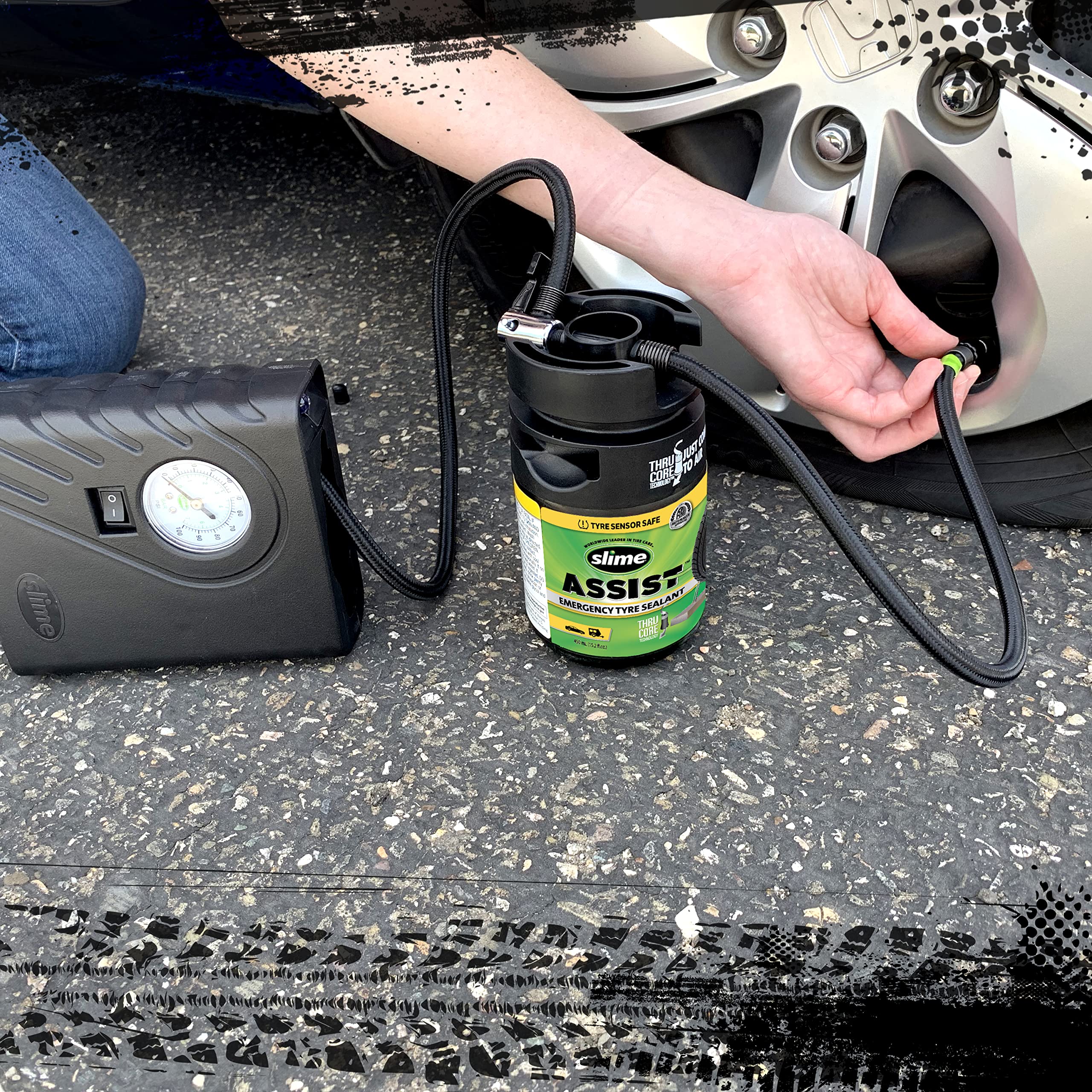 Slime 50138-51 Flat Tyre Puncture Repair, Smart Repair Plus, Emergency Kit for Car Yyres, Includes Sealant And Tyre Inflator Pump, Suitable for Cars And Other Highway Vehicles, 12 Min Fix