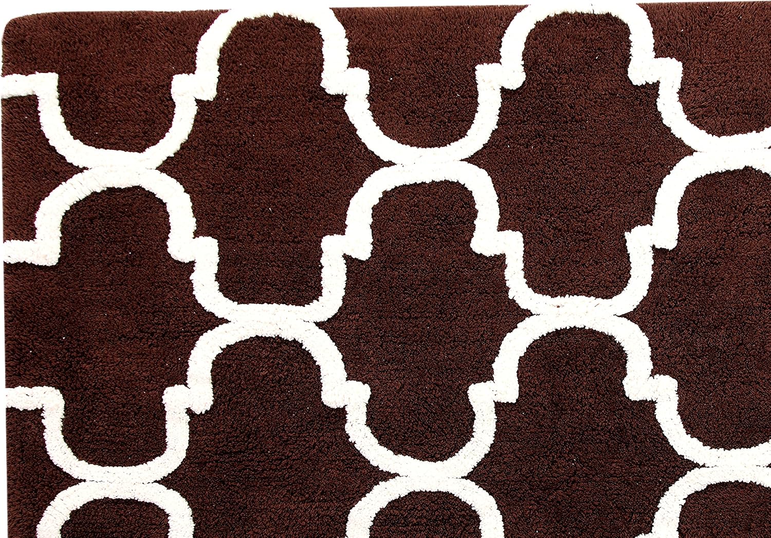 Bath Rug 100% Soft Cotton, Size 50x30 Inch, Latex Spray Non-Skid Backing, Chocolate/Ivory Color, Geometric Pattern, Hand Tufted, Heavy 190 GSF Weight, Machine Washable, Rectangular Shape