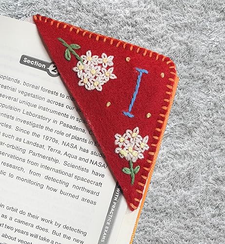 Miniatura 24 de Marcapáginas de esquina bordado a mano personalizado, lindo marcador de libro con flores, regalo de costura a mano para mujeres amantes de los Rojo