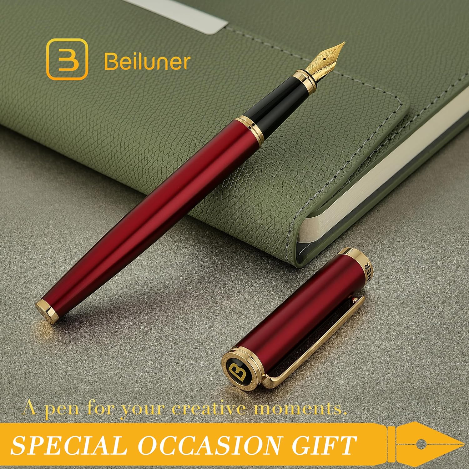 BEILUNER Red Fountain Pen,Stunning Luxury Pens with 24K Gold Finish, Gorgeous 24K Gilded Nib(Fine), Trustworthy Pen Gift for Men&Women -Ink Converter-Elegant,Graduation,Office,Nice Pen for Writing