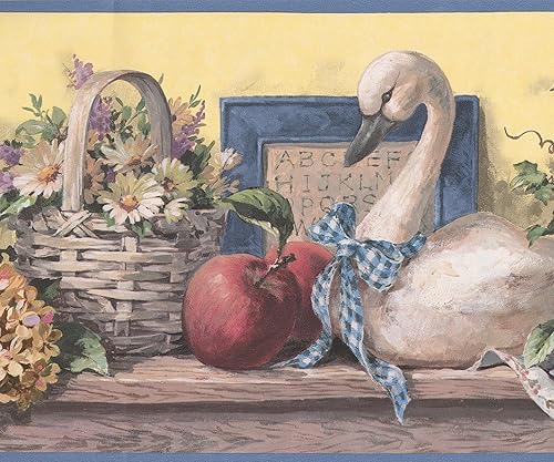 Vintage Flower Baskets Swan Fruits Kitchen Extra Wide Wallpaper Border Retro Design, Roll 15' x 10.25''