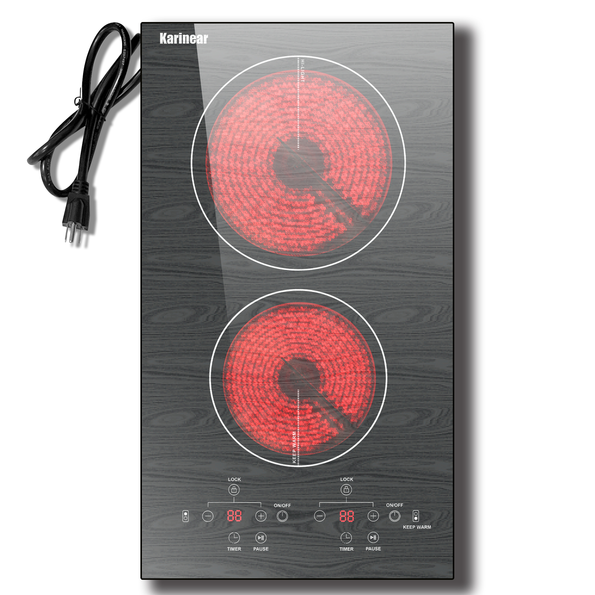 Image of Karinear Portable Electric Cooktop 2 Burners, 110v Plug in Electric Stove Top, Countertop Use or Built-in Install, 12'' Ceramic Cooktop with Beautiful Wooden Pattern