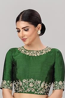 Studio Shringaar Women's Readymade Art Silk Embroidered Saree Blouse with Elbow Length Sleeves