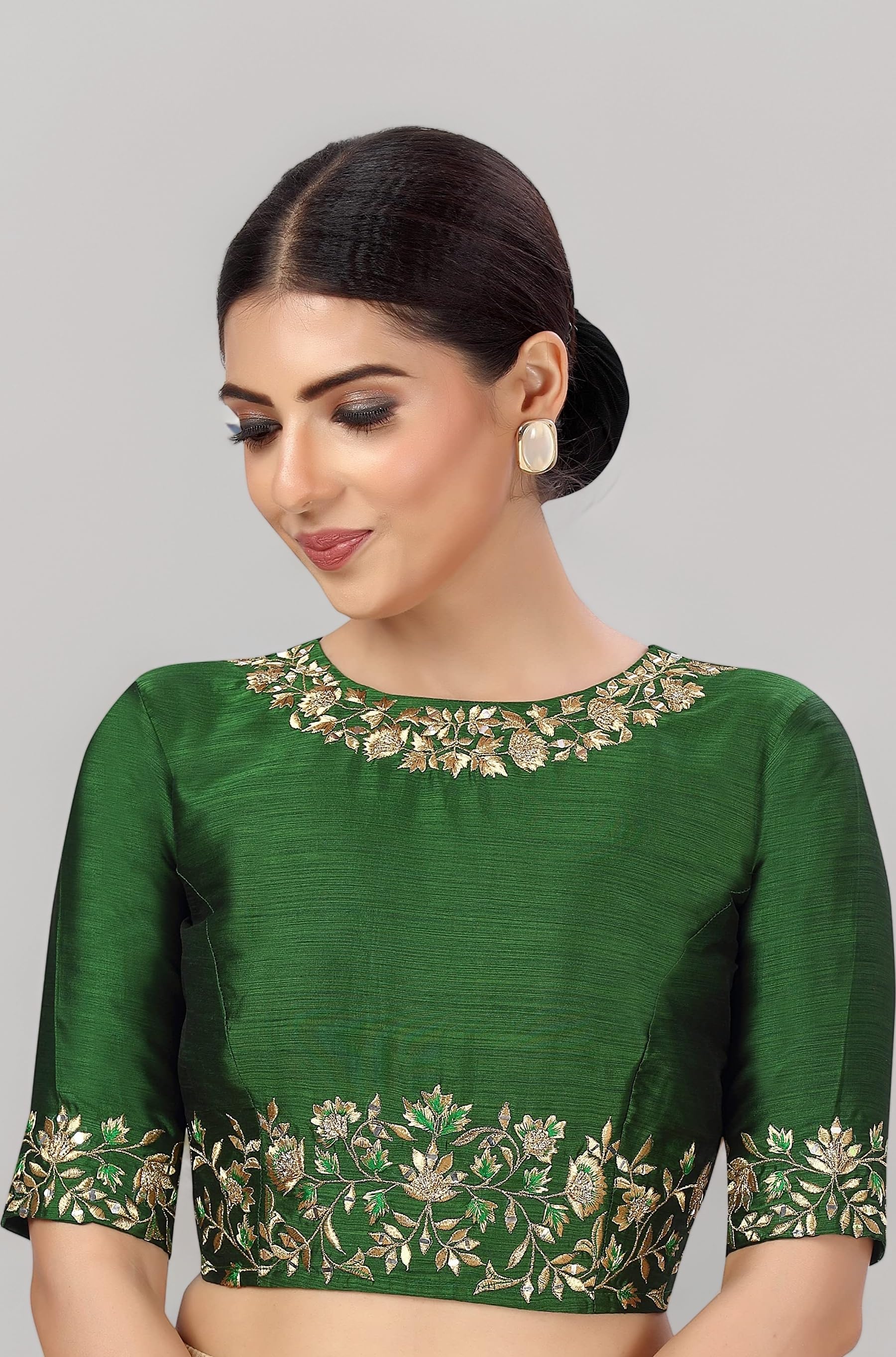 Studio Shringaar Women's Readymade Art Silk Embroidered Saree Blouse with Elbow Length Sleeves