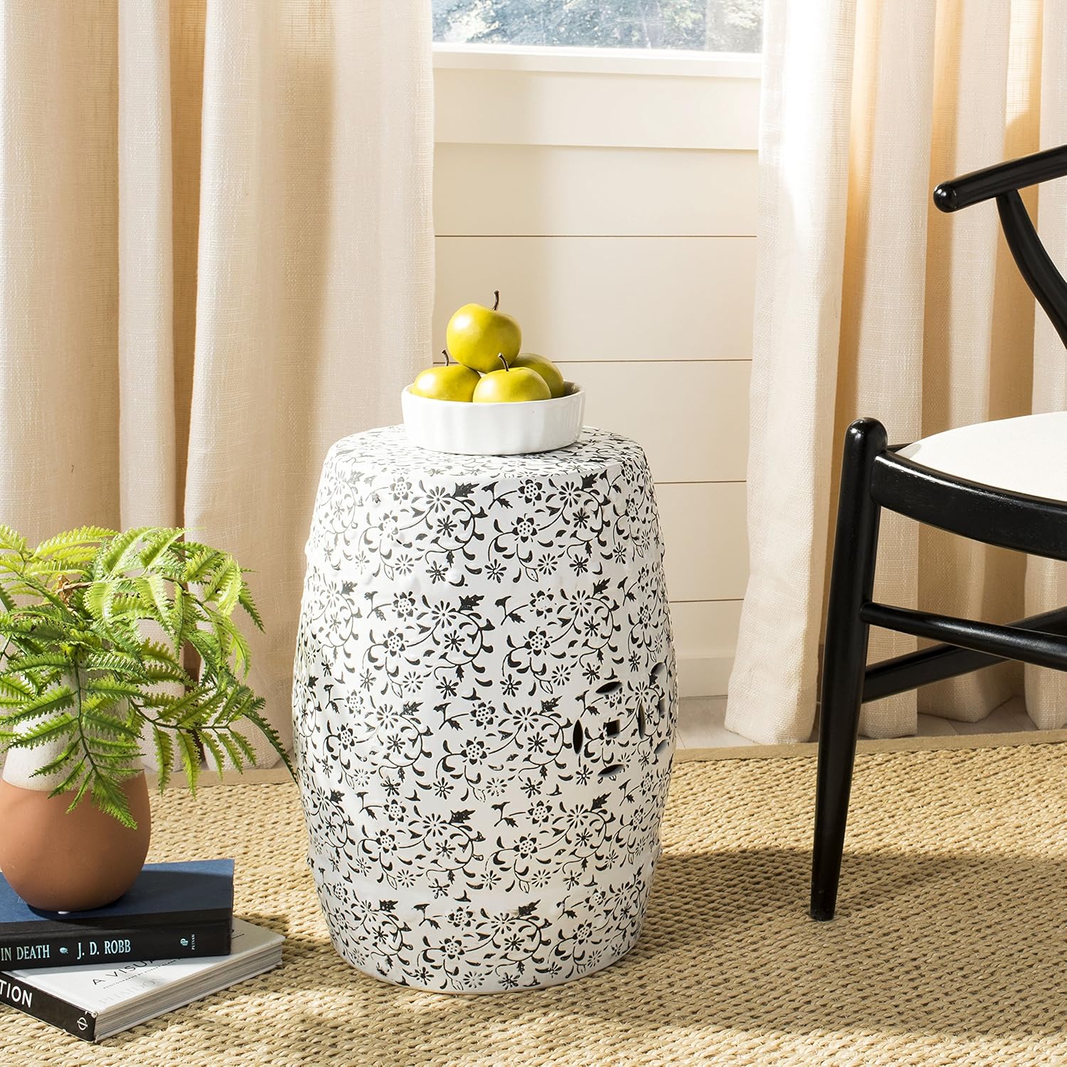 Safavieh Flower and Vine Ceramic Decorative Garden Stool, White and Charcoal