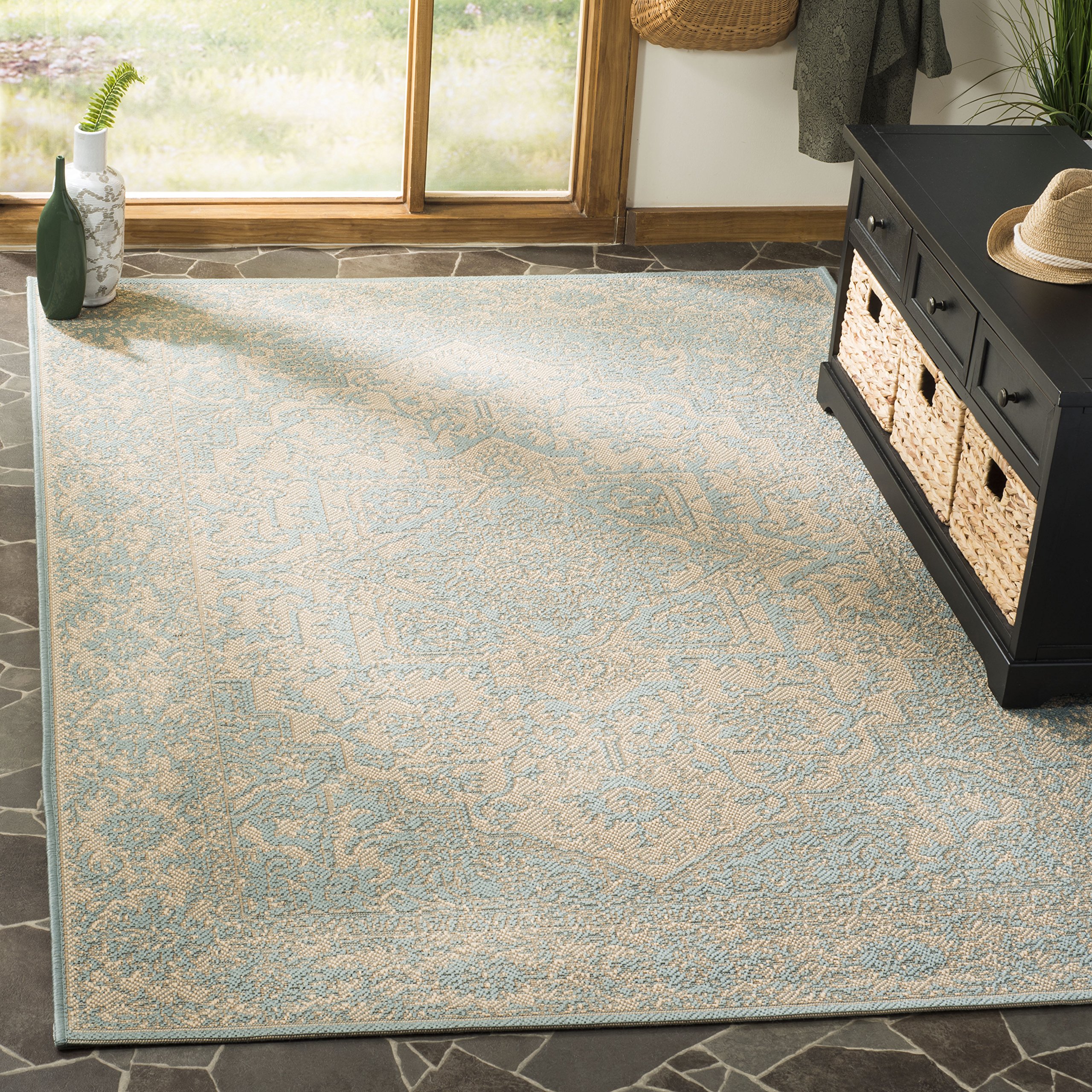 SAFAVIEH Washable Rug Outdoor Linden Collection - 4' x 6', Cream & Aqua, Non-Shedding & Easy to Clean, Ideal for Patio, Backyard, Mudroom (LND139L)