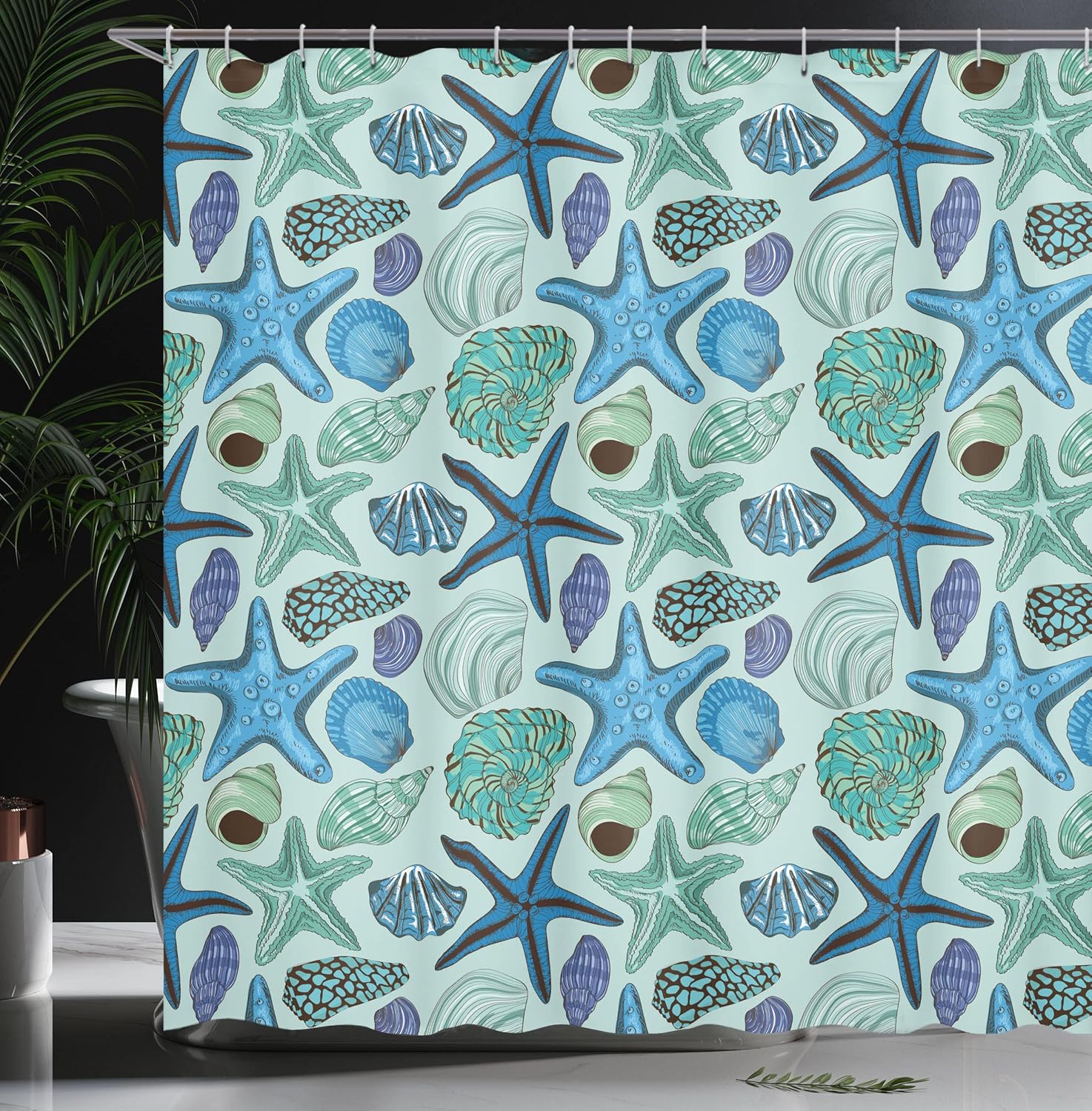 Ambesonne Starfish Shower Curtain, Aquarium Inspired Composition Tropical Seashells and Scallops Cockles and Clams, Cloth Fabric Bathroom Decor Set with Hooks, 69" W x 75" L, Blue Seafoam