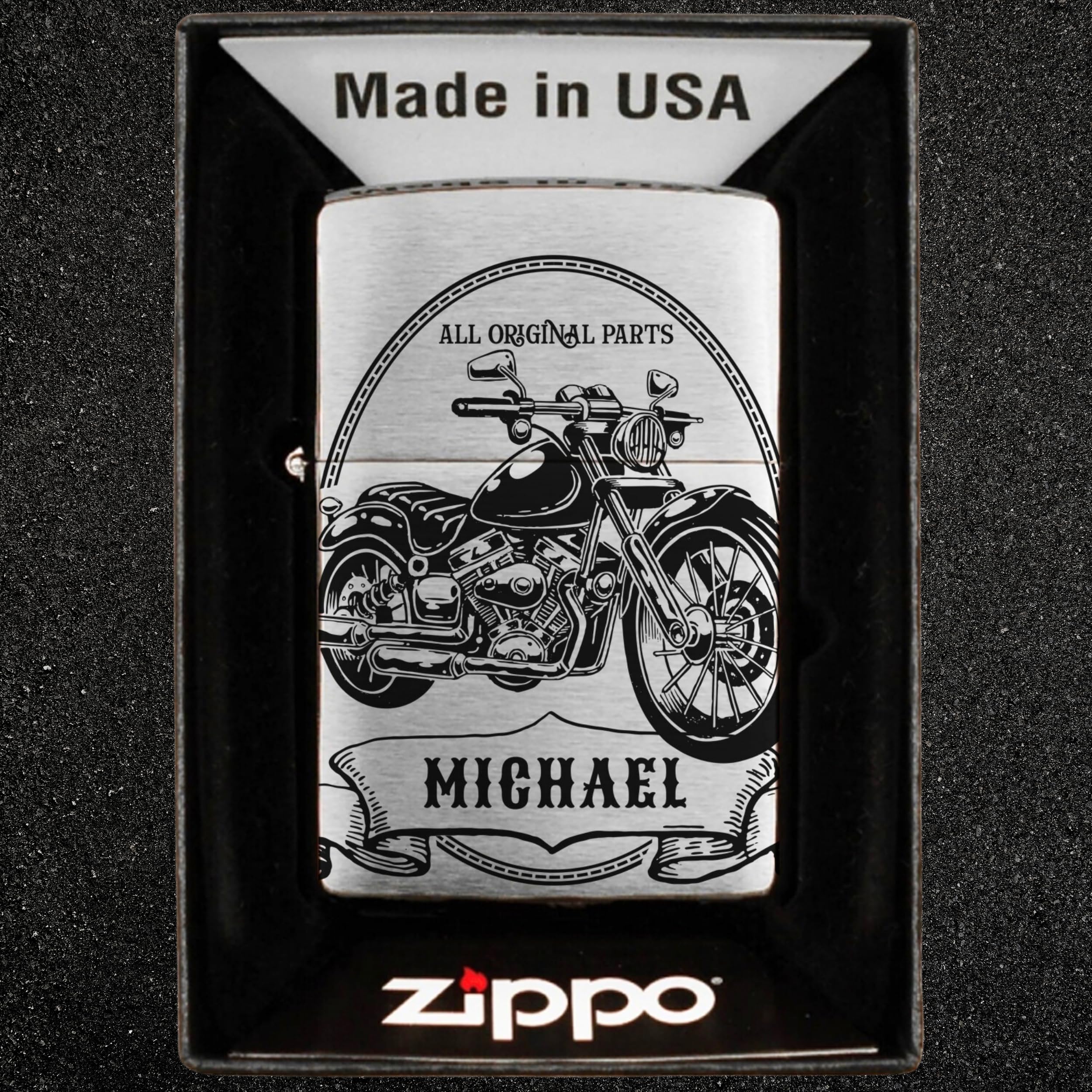 Zippo Benzinfeuerzeug mit Gravur Motorrad personalisiert mit Name für Motorradfahrer Biker Chopper Sturmfeuerzeug Chrome Brushed Geschenk (Motiv 1: Bike)