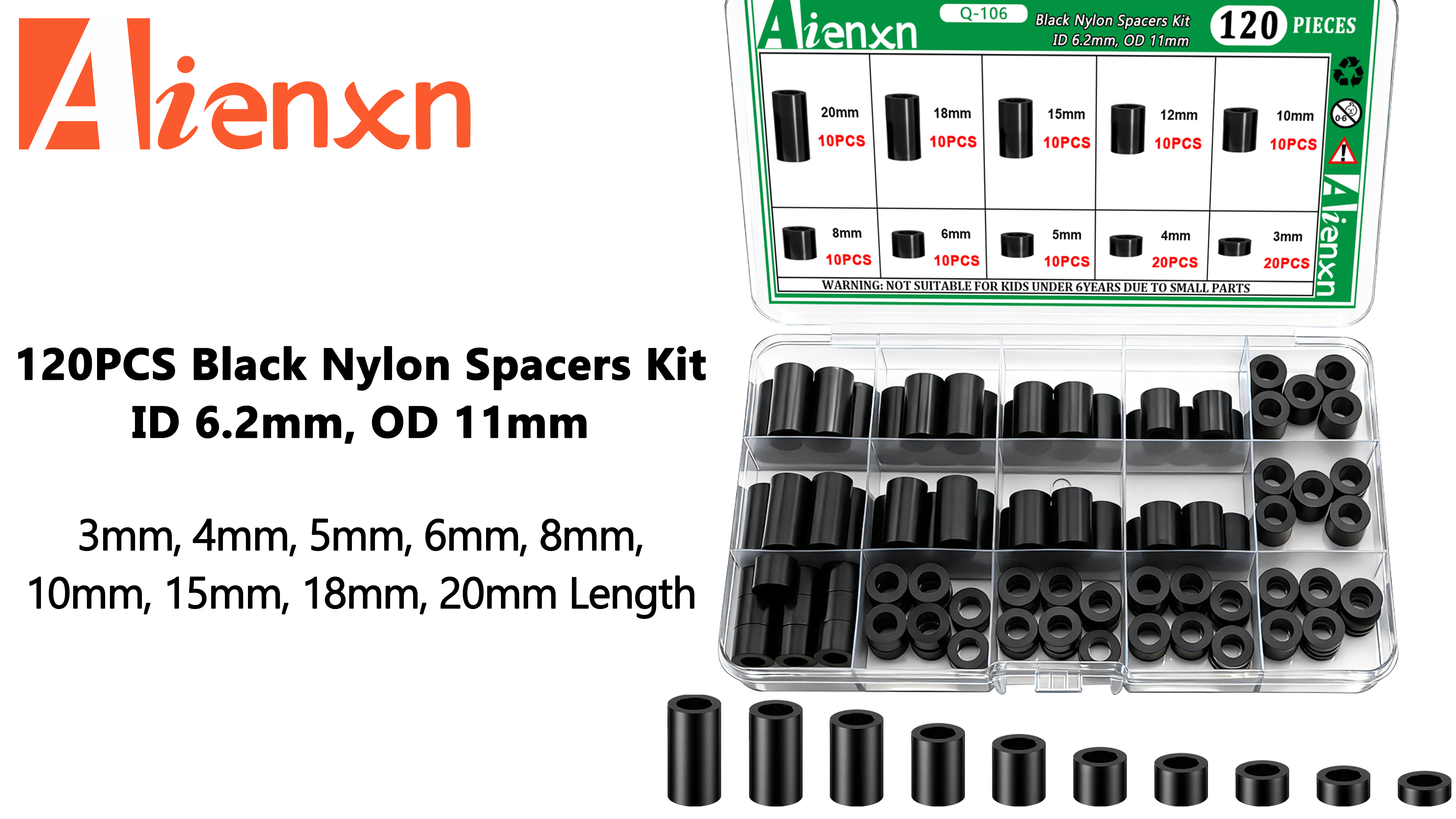Image of 120PCS Black Nylon Spacers Kit, ID 6.2mm, OD 11mm- 3mm, 4mm, 5mm, 6mm, 8mm, 10mm, 15mm, 18mm, 20mm Length, Non-Threaded Round Plastic Spacers Suitable for Switch & Receptacle Screws (Pack of 2)