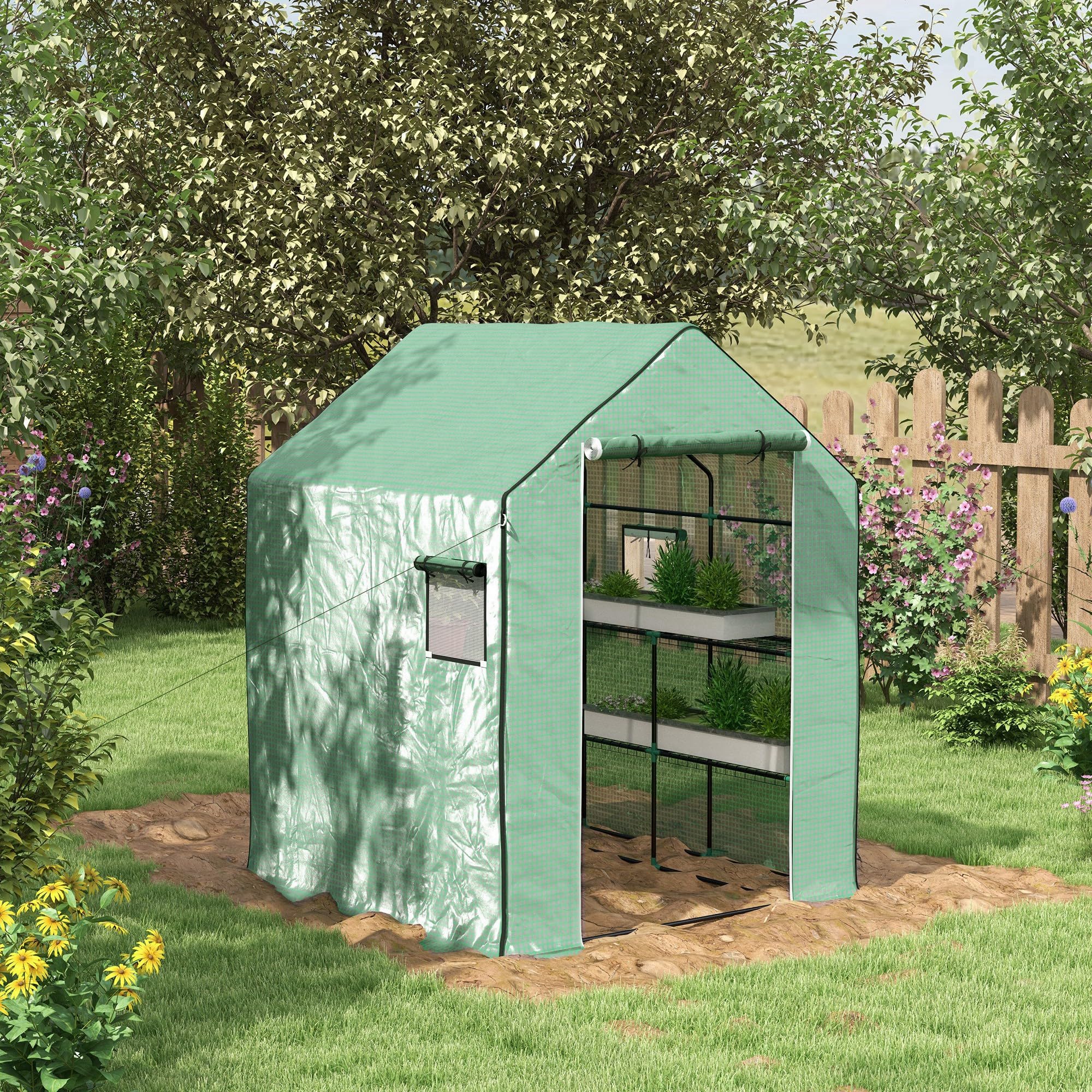 Outsunny Serra da giardino in PE con ripiani a 3 livelli, serra da balcone, telone rinforzato 135 g/m², telaio in acciaio, porta arrotolabile, per verdure, piante, fiori