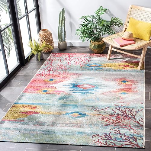 SAFAVIEH Washable Rug Outdoor Barbados Collection - 9'1 x 12'5', Light Blue & Pink, Non-Shedding & Easy to Clean, Ideal 