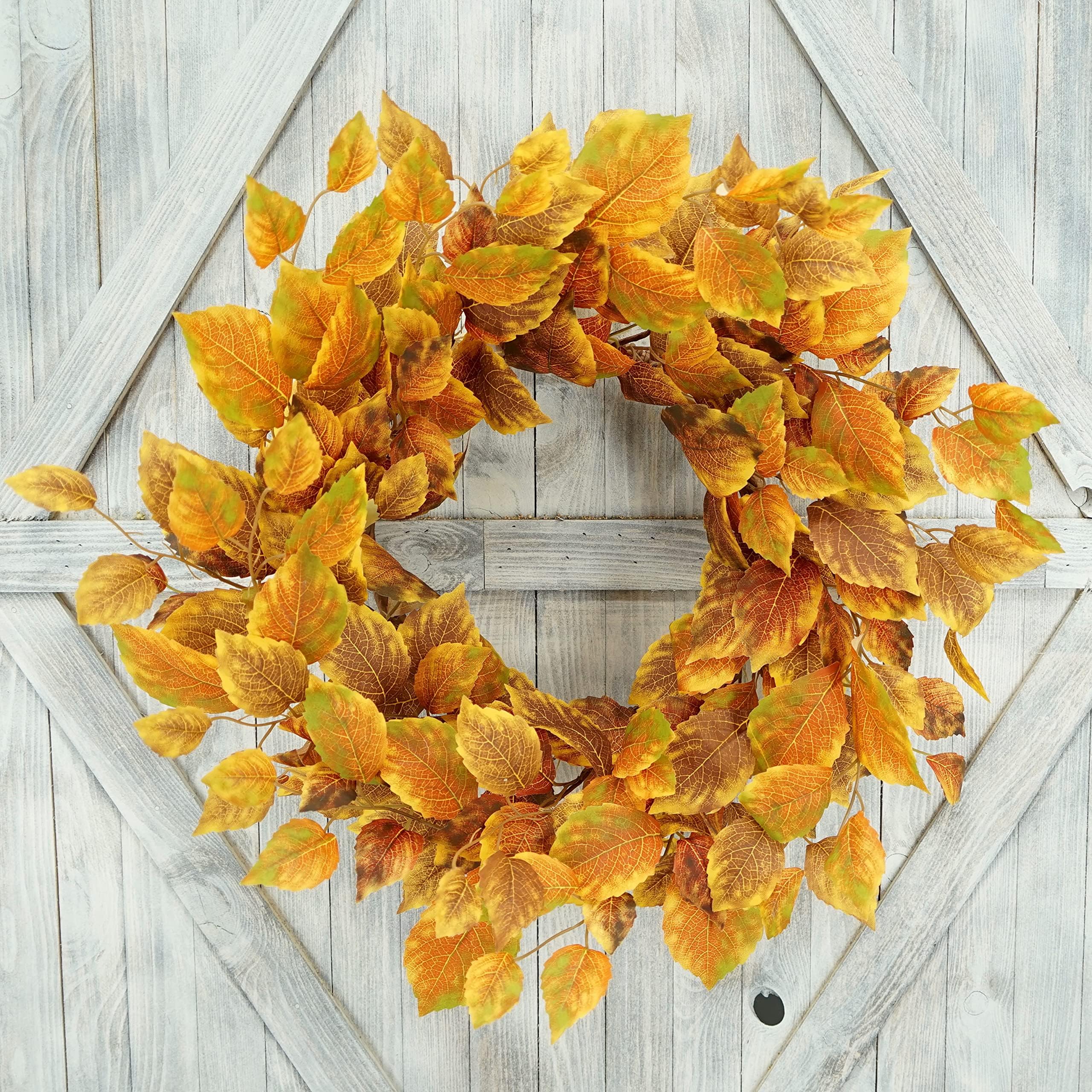 Artificial Fall Wreath for Front Door Autumn Door Wreath Harvest Wreath with Orange and Rusty Birch Leaves for Indoor Outdoor Farmhouse Home Wall Window Festival Wedding Decor,Gift Box Included