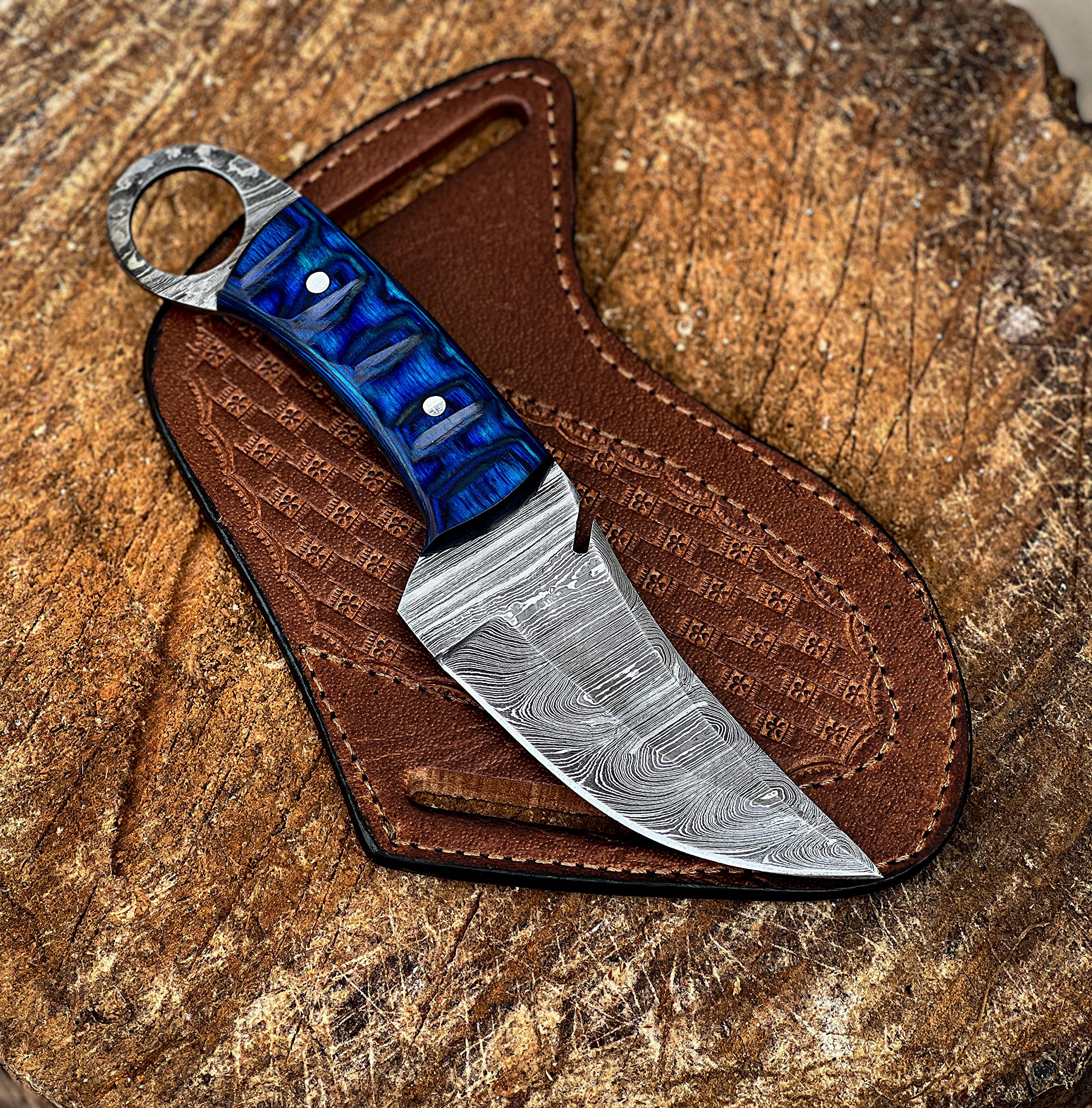 TAC Knives - Bushcraft Survival Knife12T27 Damascus Steel Fixed Blade outdoor - Pakka Wood Handle - Pancake Leather Sheath - Traditional Field for Camping , Fishing, Hunting Knife, Men & Women - EDC Knife to Carry on Belt- (BLUE)
