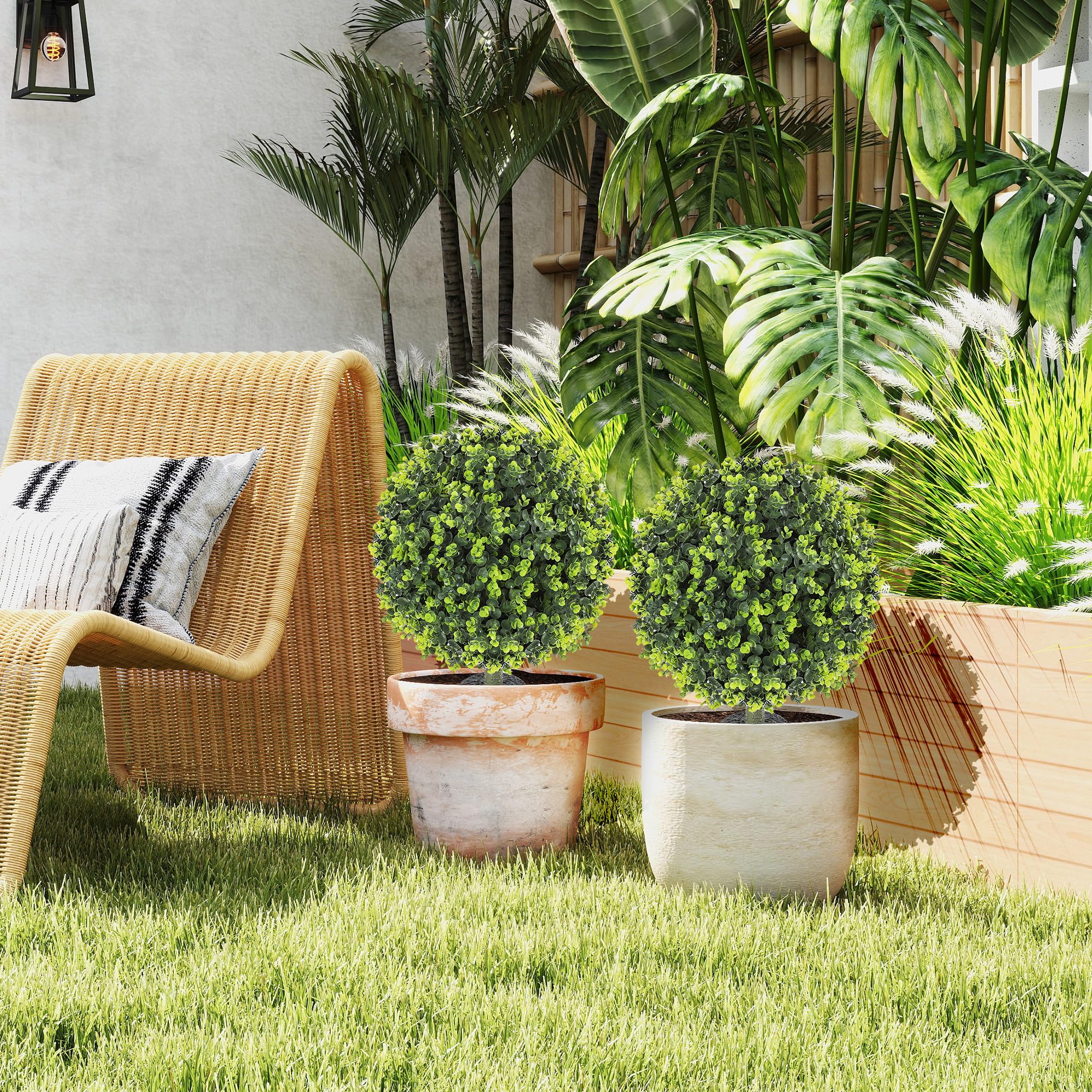 HOMCOM Set di 2 Piante Artificiali Sfera di Bosso da 40 cm con Picchetto, Piante Finti Decorativa da Interni ed Esterni, Resistenti ai Raggi UV, per Giardino e Portico, Verde
