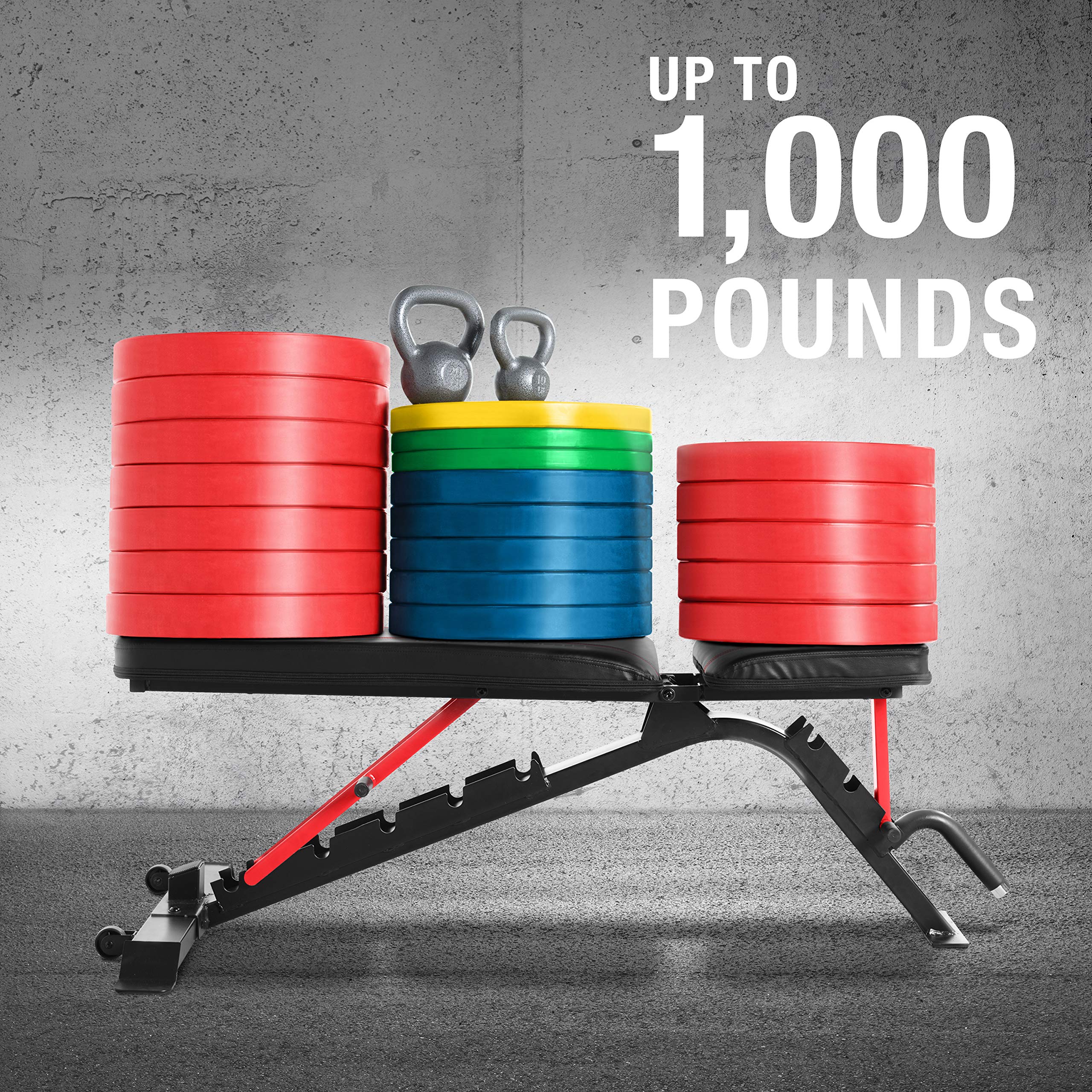 Barbell Strength FID Workout Bench | Flat Incline Decline Positions, Black/Red