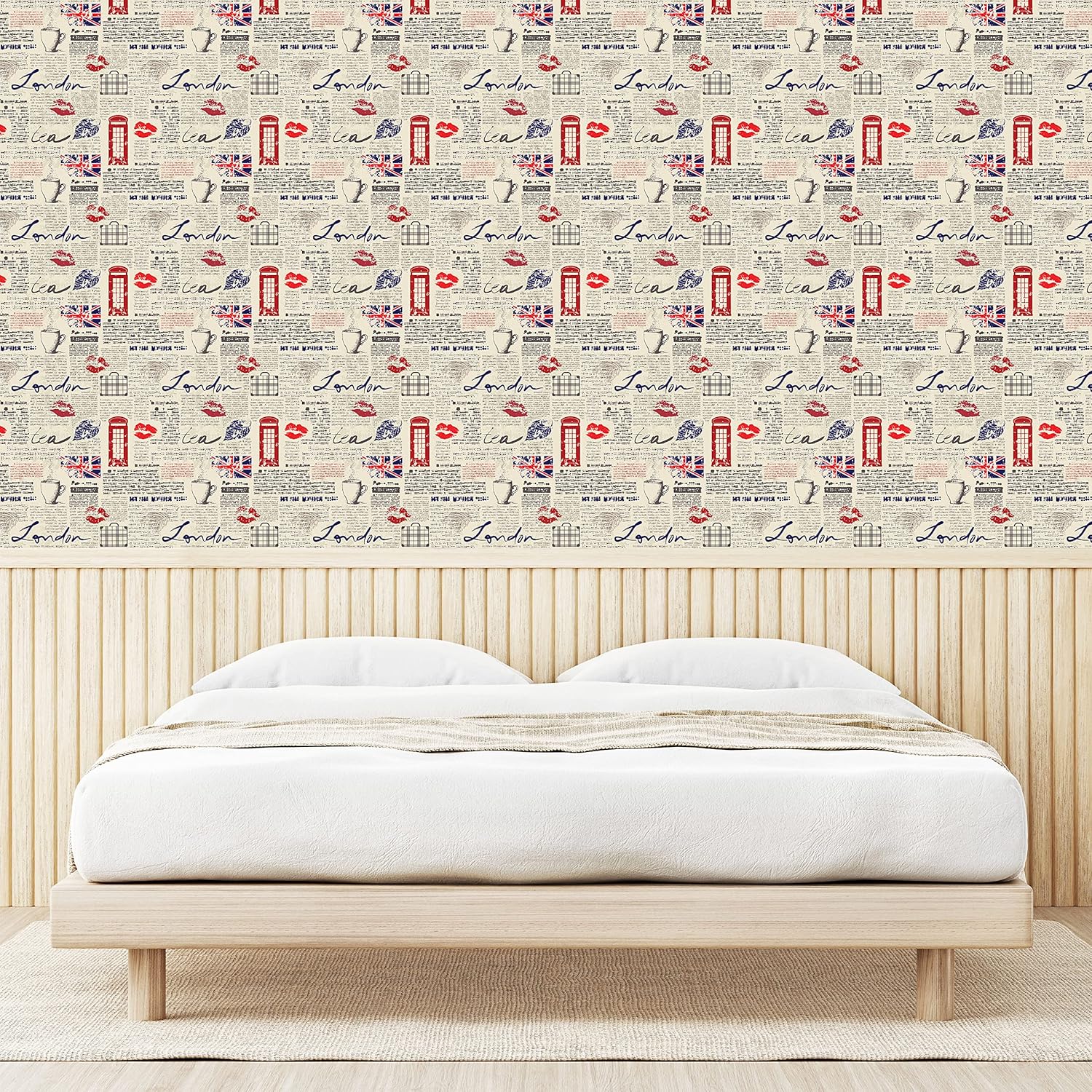 Ambesonne Tea Party Peel & Stick Wallpaper for Home, London Newspaper Inspired Background with Grunge Elements Kiss Marks, Self-Adhesive Living Room Kitchen Accent, 13" x 72", Beige Navy Blue Red