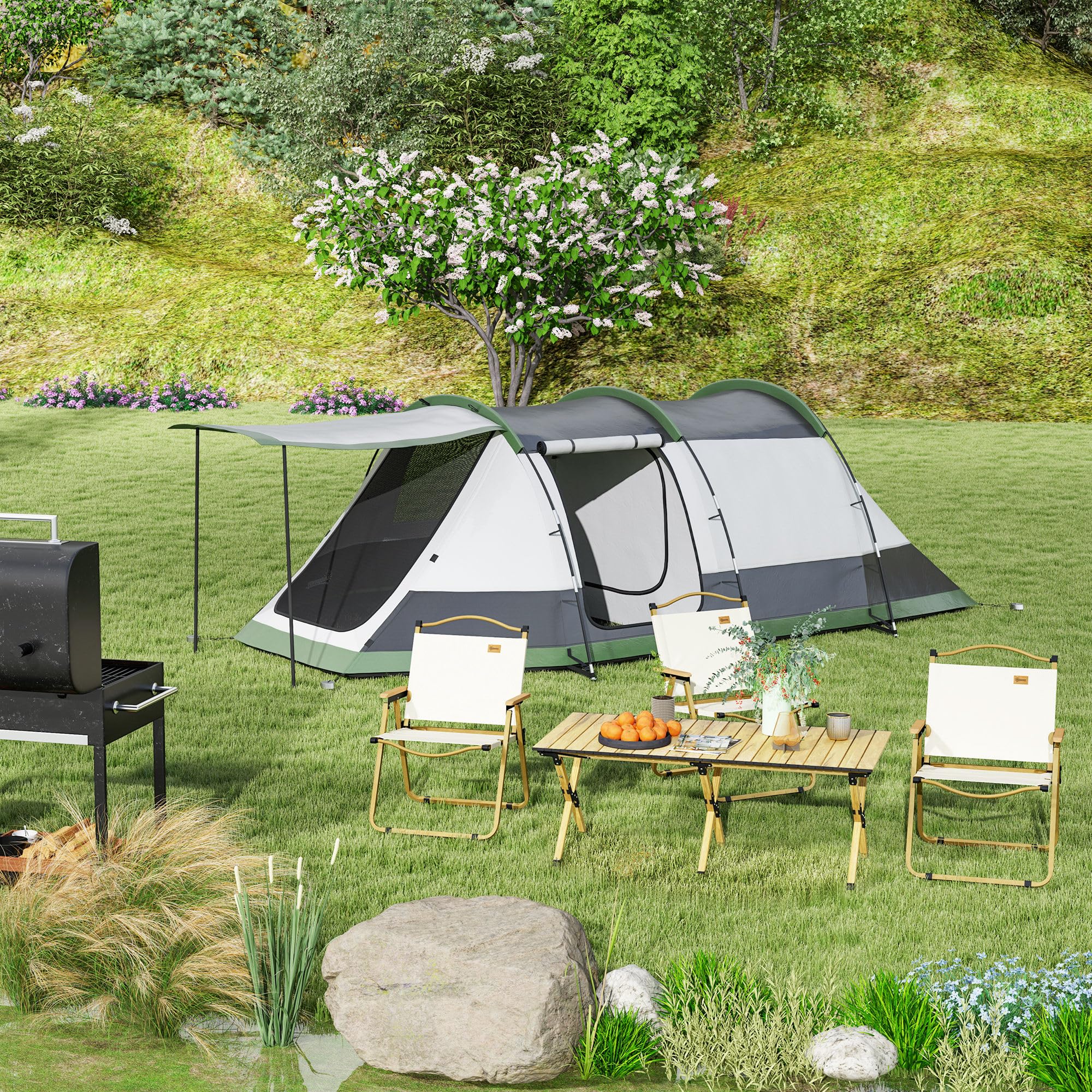 Outsunny Tente de Camping familiale 3-4 pers. - Tente Tunnel avec Porche étanche 3000 mm légère ventilée Facile à Monter - Sac de Transport Inclus - Gris