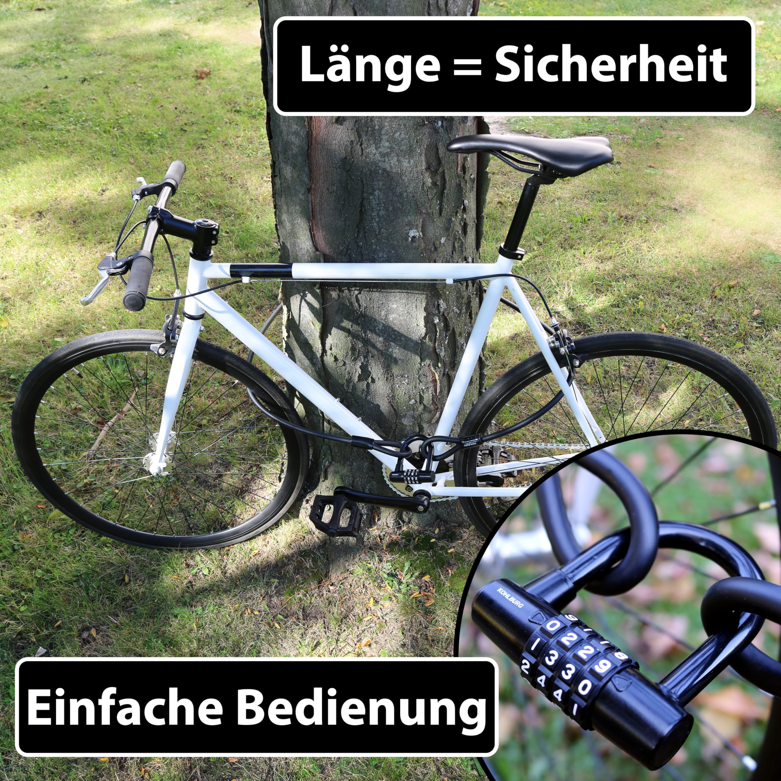 KOHLBURG Kabelschloss 2 Meter lang mit Zahlenkombination - 200cm Zahlenschloss - Stahlseil Schloss mit Klettverschlüssen - Stahlkabel, mit Zahlencode für Fahrrad Gartenmöbel & Fahrradschloss