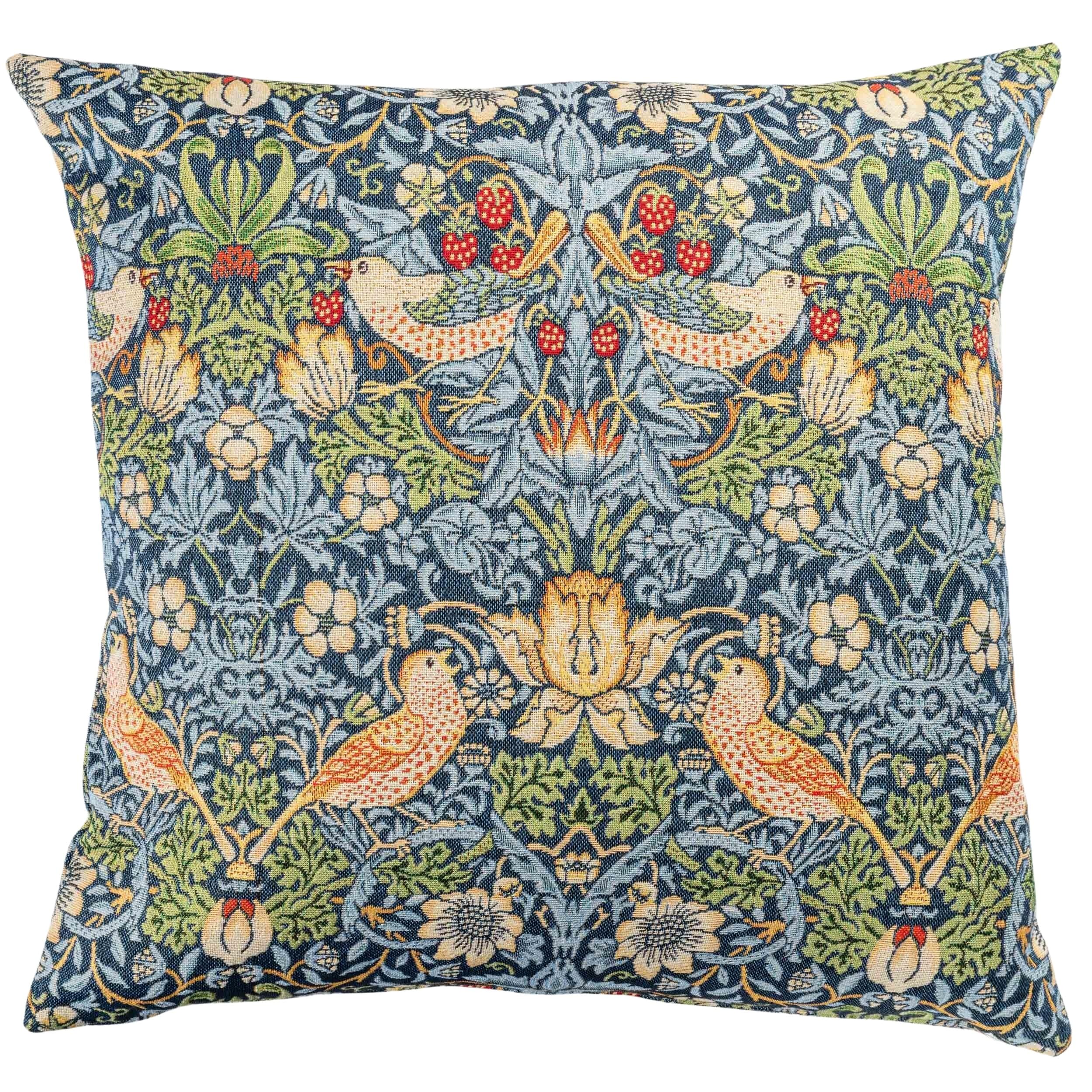 Linen Loft Blue William Morris Strawberry Thief Tapestry Extra-Large Cushion Cover In Vintage Arts And Crafts Style With Birds, Berries & Leaves. 23X23 Xl Square Cover Only