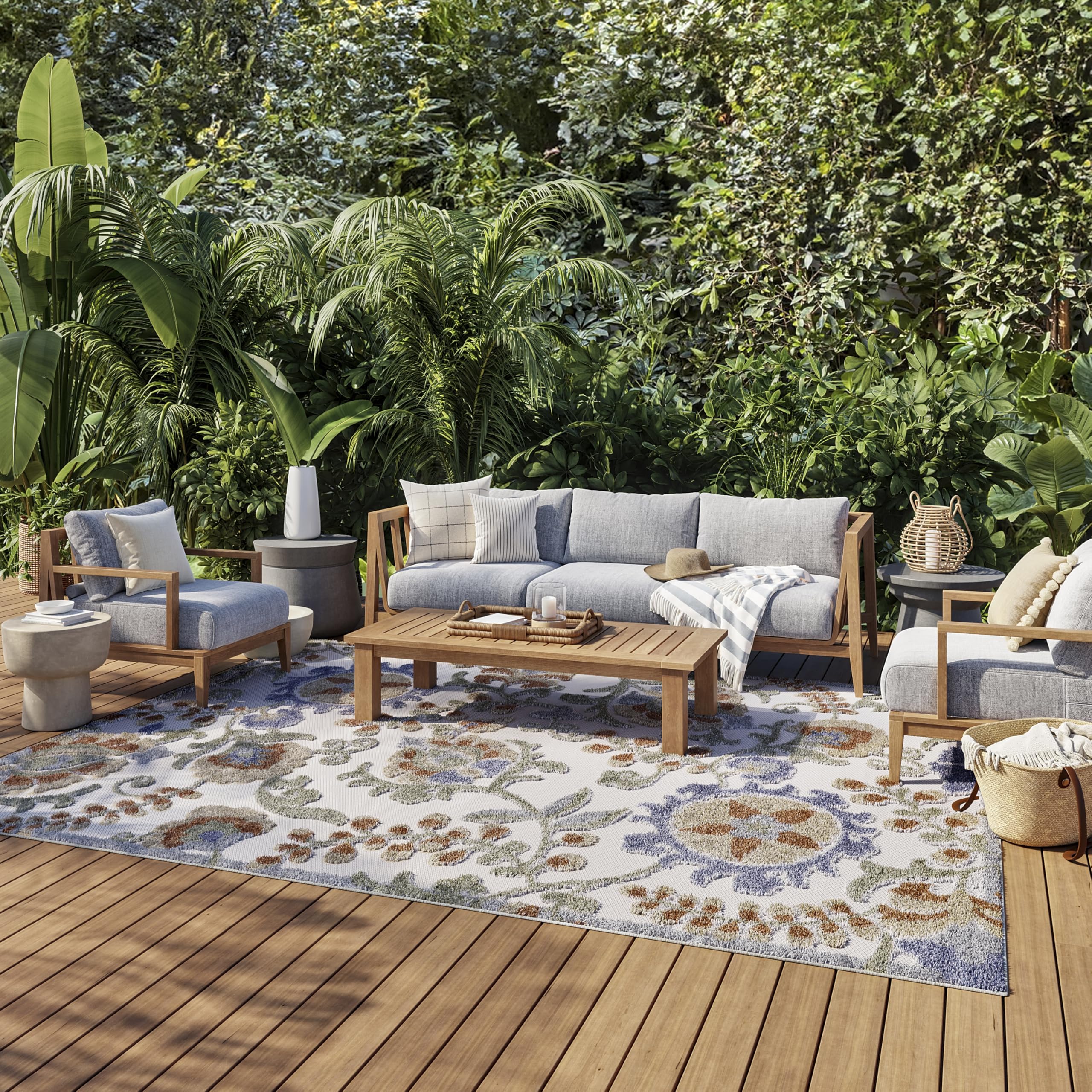 Nourison Home Aloha Ivory Blue 7'10" x 10'6" Area Rug - Easy Clean, Non Shedding, Bed Room, Living Room, Dining Room, Kitchen (8' x 11')