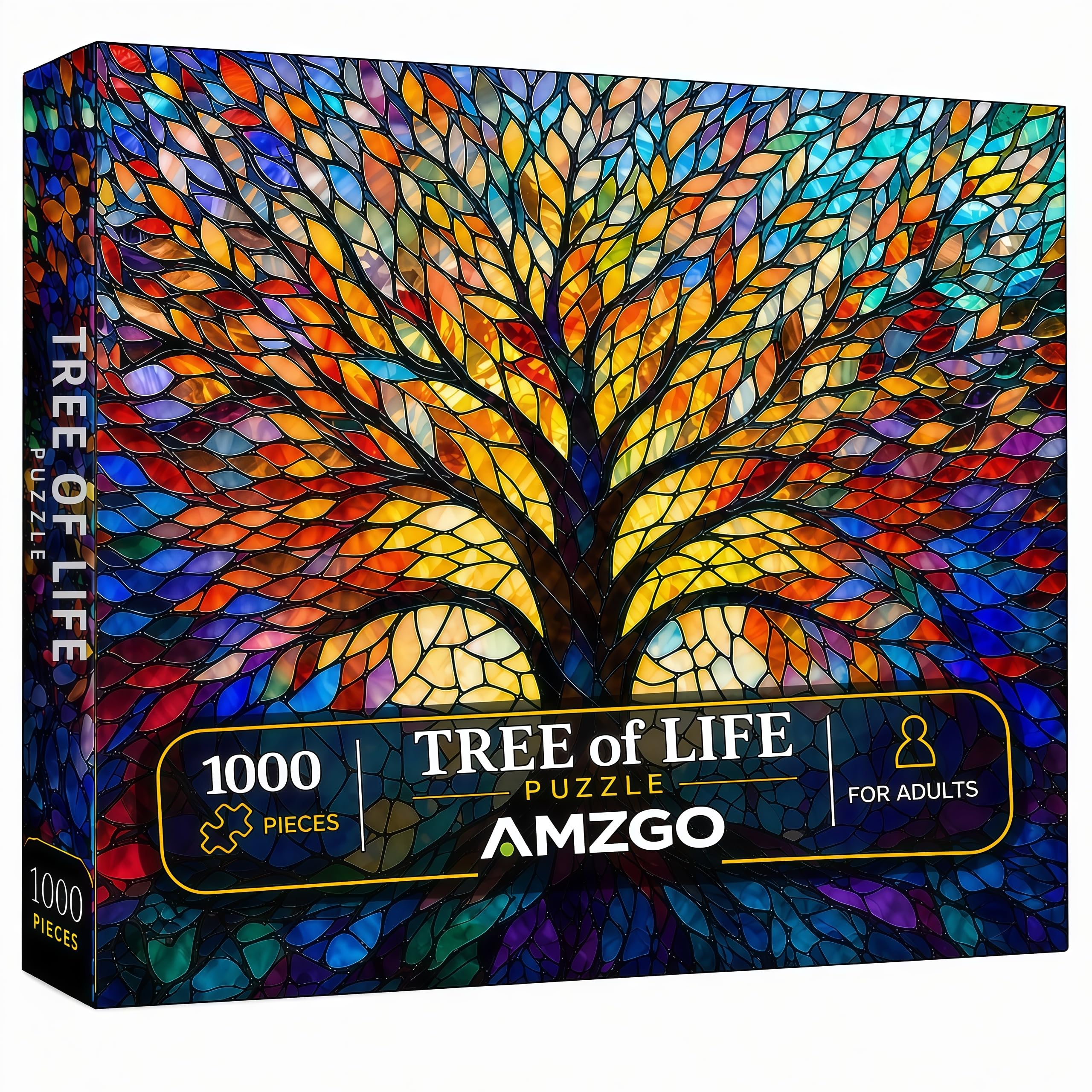 Amzgo® 1000 Pieces Stained Glass Jigsaw Puzzle, Beautiful Tree of Life Art Puzzles for Adults, Unique Fun Impossible Hard Difficult Challenging Pretty Puzzles, Colorful Mosaic Nature Puzzle