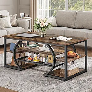 DWVO Rustic Coffee Table with Storage Shelf, 47" Wood Rectangle Center Table, 5 Tier Cocktail Tea Table, Modern Industrial Accent Table w/Arched Metal Frame for Living Room, Reception Room (Brown)