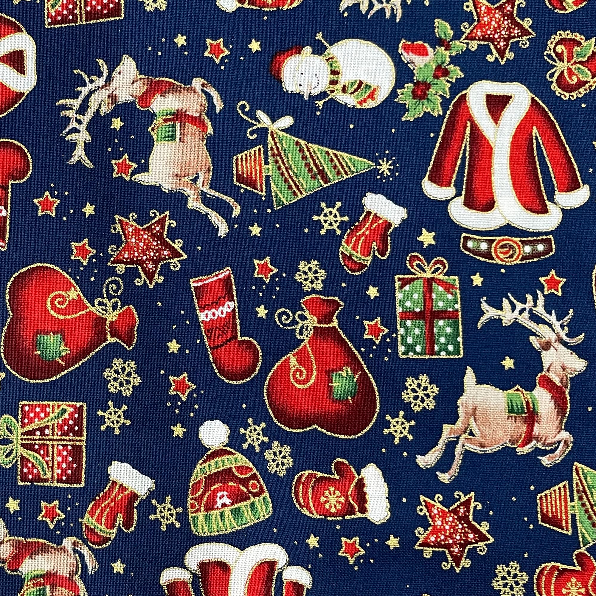 Tirrito Gold/Blue Christmas Fabric - Metallic Santa Reindeer Snowmen On Navy Craft Fabric Material