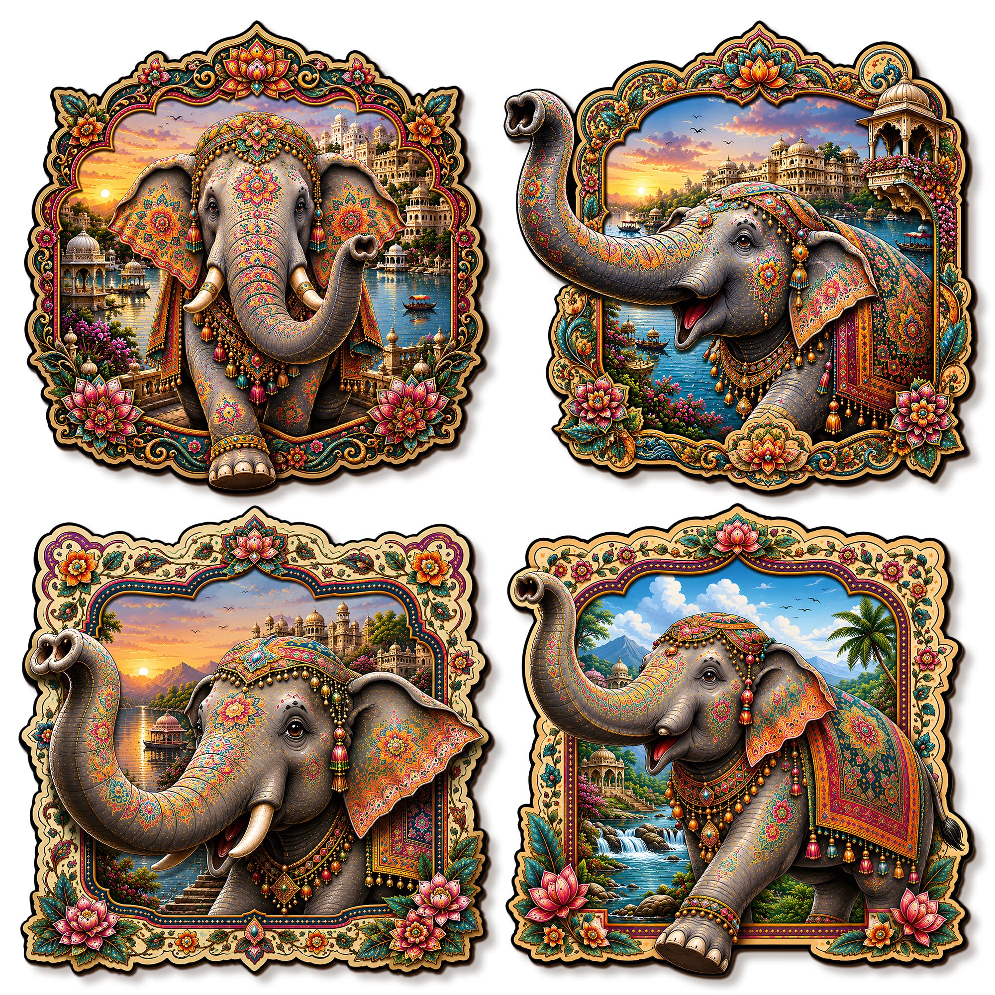 Regalo Casila Royal Elephant MDF Wall Decor Photo Frame 4 Pcs Set Traditional Indian Palace Wildlife Wall Art Luxury Decorative Hanging Living Room Bedroom Office Home Decoration-image-45