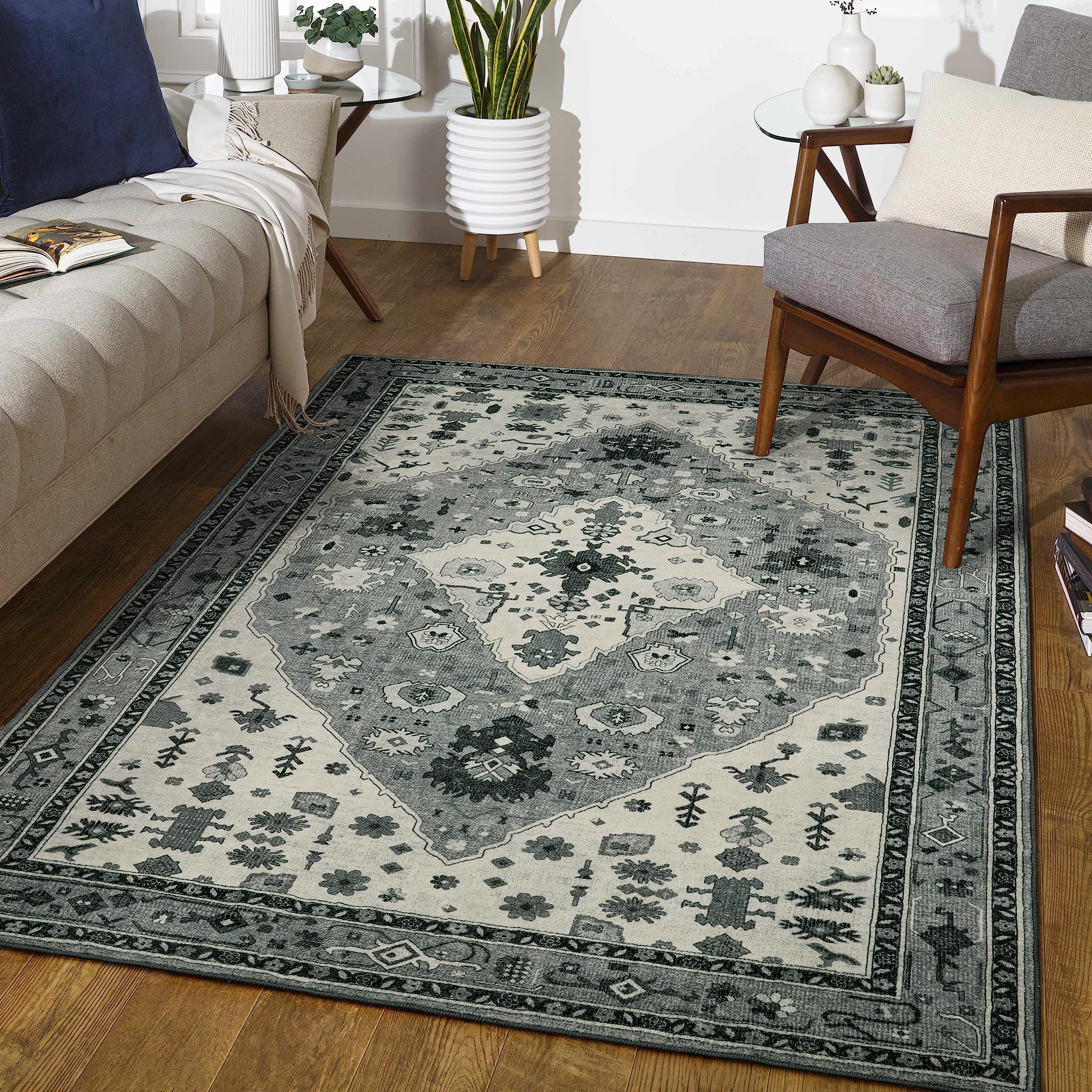 Boho Tribal Area Rug - 5x7 Large Gray Rugs for Living Room Bedroom Mat, Oriental Soft Machine Washable Non Slip Accent Indoor Dining Room Carpet for Office Table Nursery Gameroom Apartment