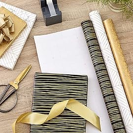 Hallmark Premium Wrapping Paper Roll Bundle with Cut Lines on Reverse (3 Rolls: 85 sq. ft. ttl. Marble, Black, Antiqued Gold) for Valentines Day, Graduations, Birthdays, Weddings, and Bridal Showers