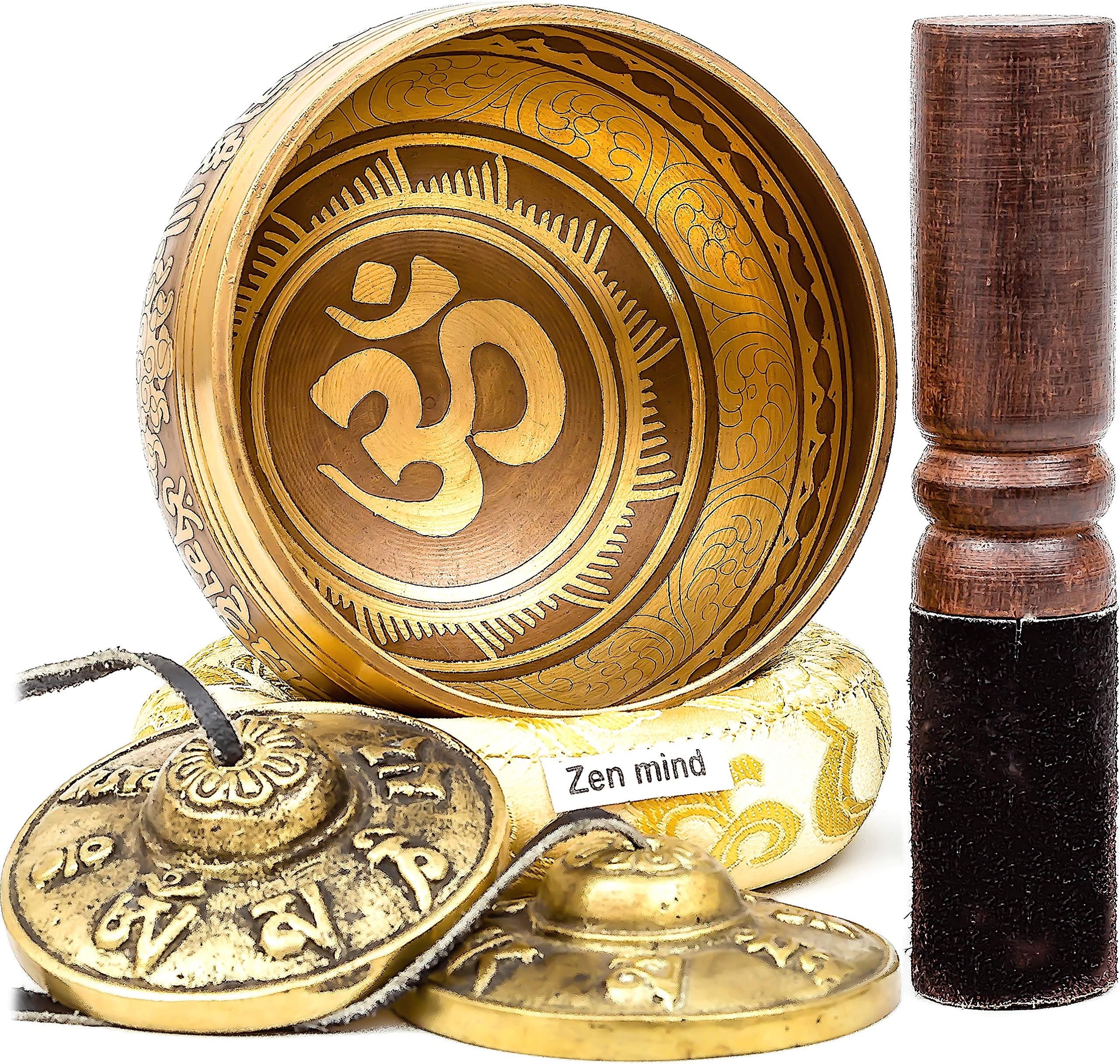 4 Inch Tibetan Singing Bowl Set Bundle by Zen Mind Design - with Antique Tingsha Cymbals, Rosewood Mallet, Silk Cushion, Eco-Friendly Box and E-Book - for Yoga, Meditation and Sound Healing Therapy