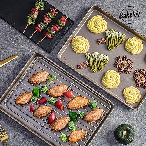 Miniatura 6 de Bandeja para hornear de 13 pulgadas con estante, sartén rectangular poco profunda antiadherente con rejilla de alambre para hornear en horno,